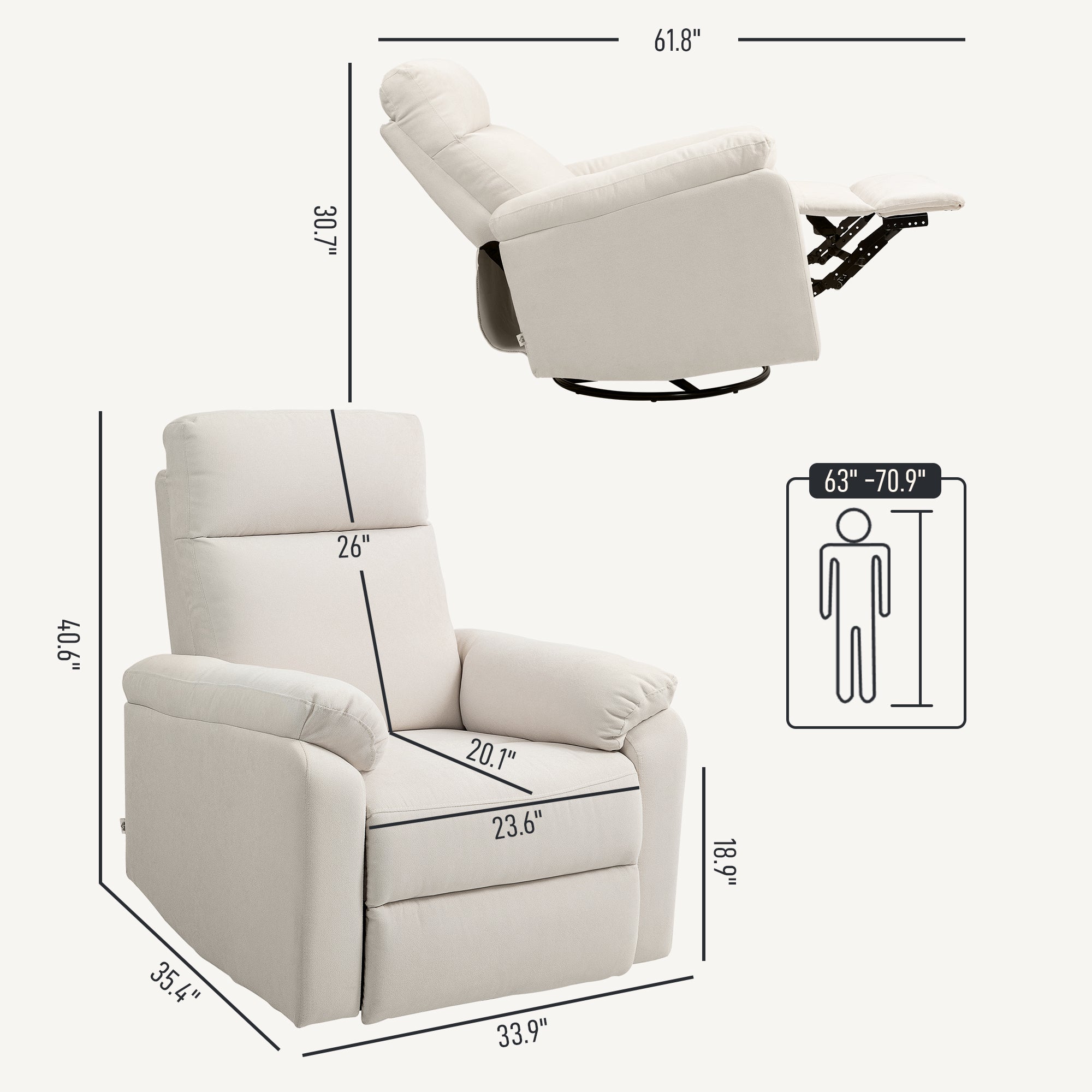 HOMCOM Swivel Rocker Recliner Chair, Wide Rocking Single Sofa with Pocket Spring, Footrest, Modern Fabric Overstuffed Reclining Chair for Living Room, Bedroom, Quick Assembly, Cream White