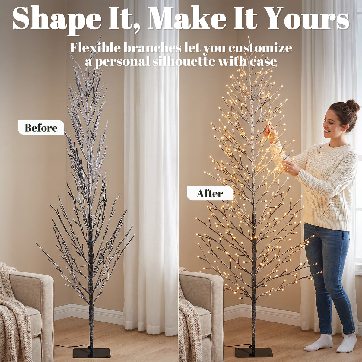 6FT Lighted Snow Flocked Twig Tree with Fairy Lights 328 LED, Daily Timer, Artificial Tree with 41 Branches for Home Indoor Sheltered Outdoor, Christmas Decor