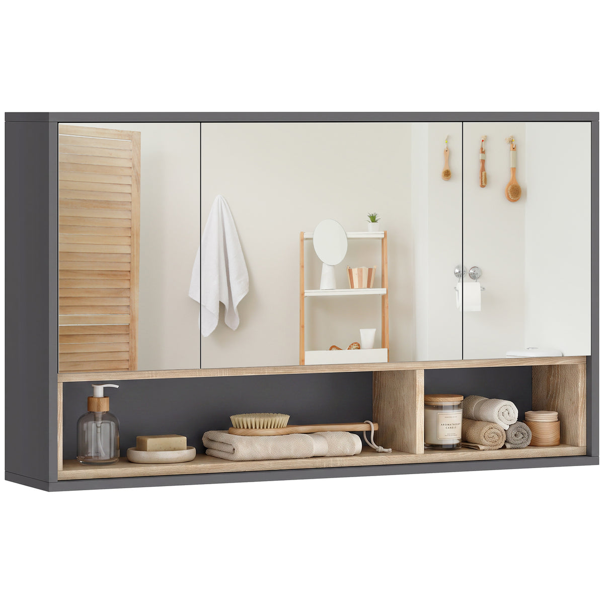 Medicine Cabinet with Mirror, Wall Mounted Bathroom Mirror Cabinet with Shelves, 3 Doors Storage Cabinet, Grey
