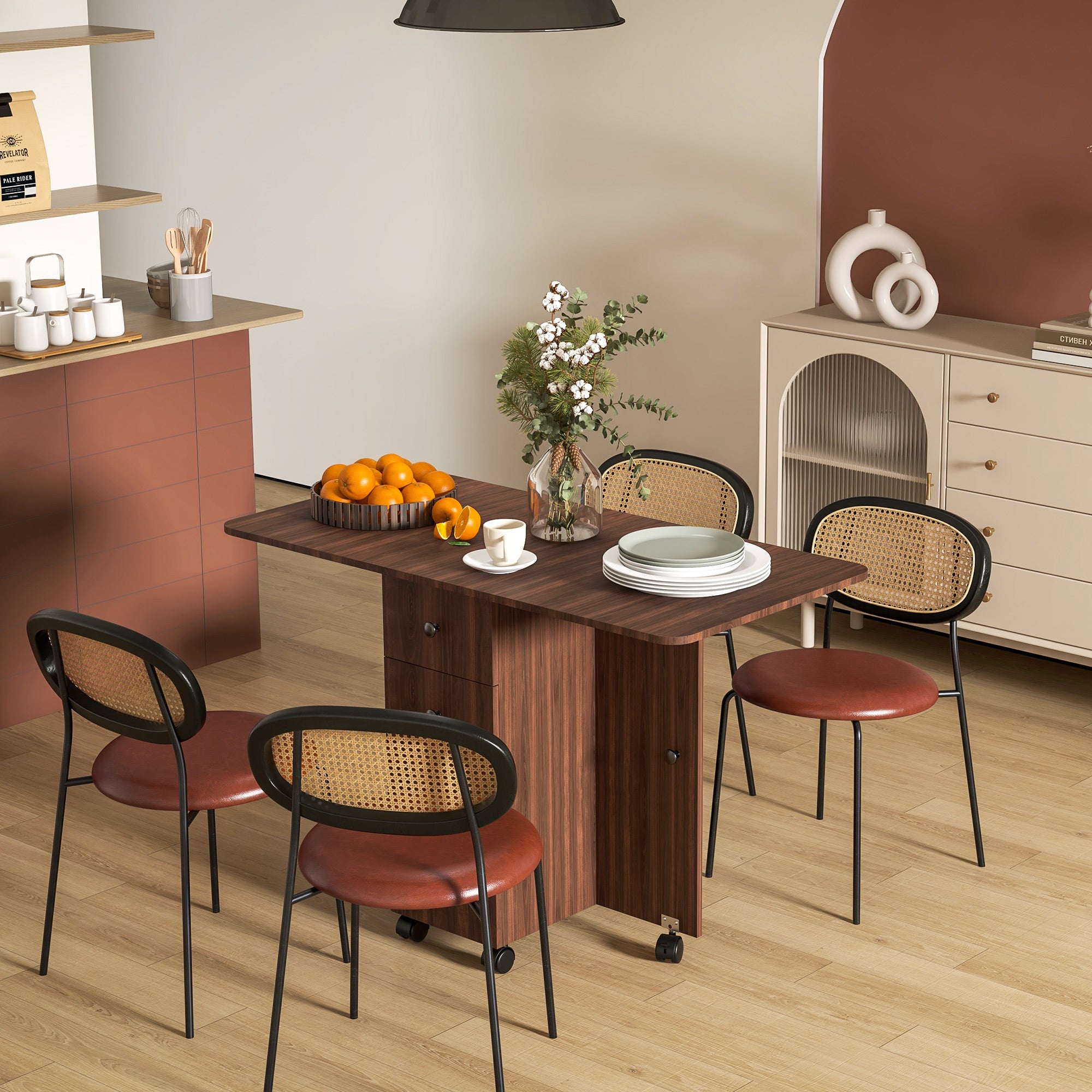 HOMCOM Folding Dining Table for 4-6, Rolling Drop Leaf Table with Storage Drawers, Cabinet and Open Shelf, Extendable Kitchen Table on Wheels, Distressed Brown