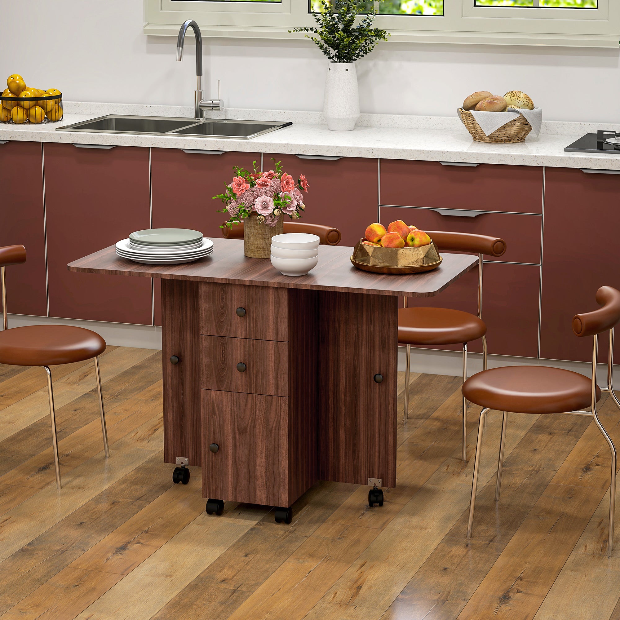 HOMCOM Foldable Dining Table, Rolling Kitchen Table With Storage Drawers and Cabinet, Drop Leaf Table on Wheels, Brown