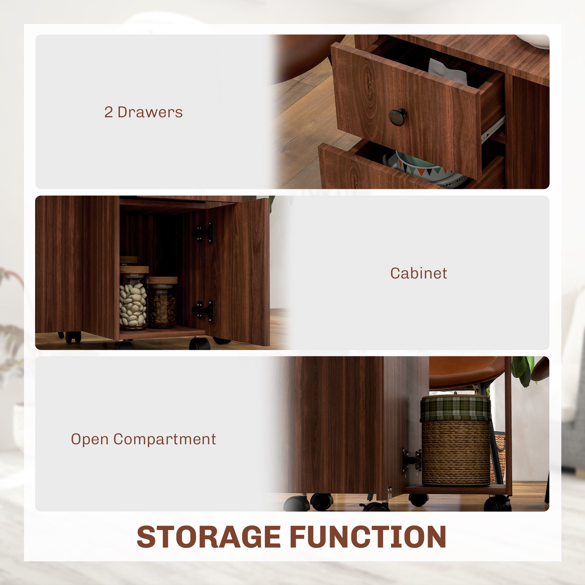 HOMCOM Folding Dining Table for 4-6, Rolling Drop Leaf Table with Storage Drawers, Cabinet and Open Shelf, Extendable Kitchen Table on Wheels, Distressed Brown