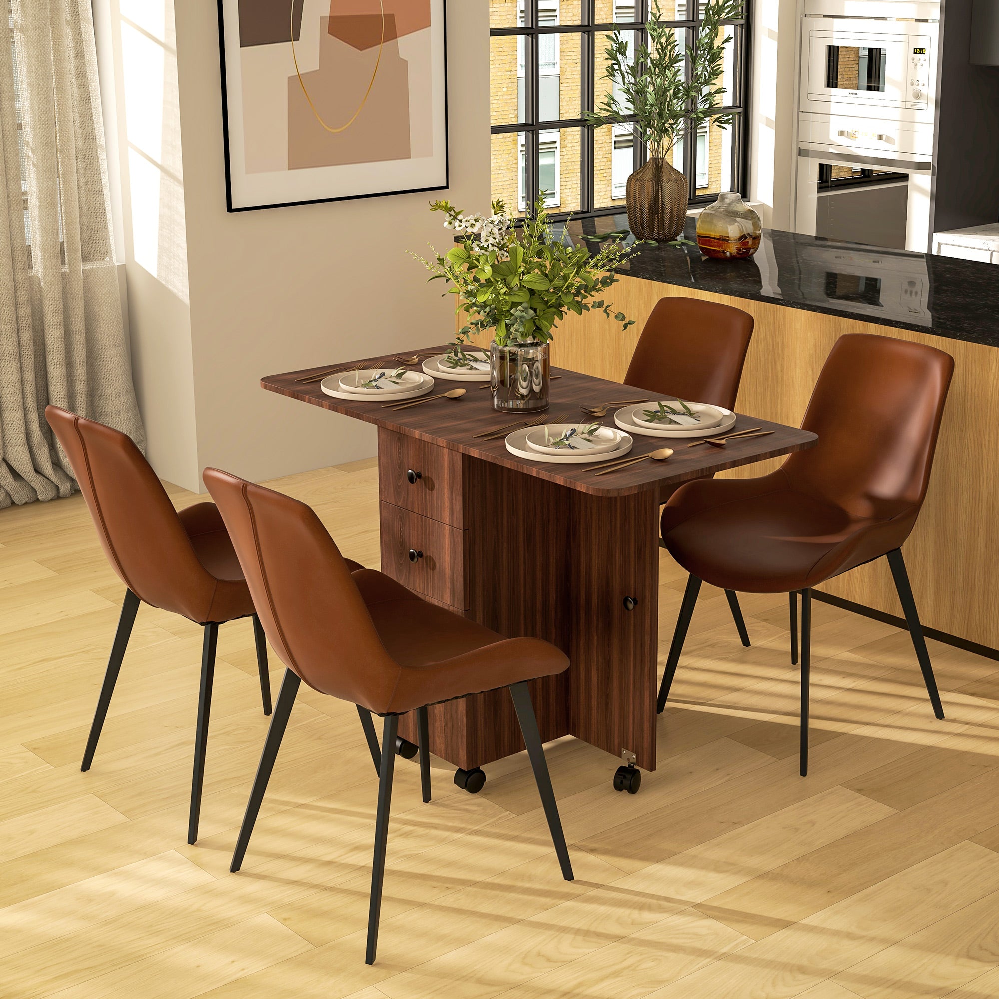 HOMCOM Foldable Dining Table, Rolling Kitchen Table With Storage Drawers and Cabinet, Drop Leaf Table on Wheels, Brown
