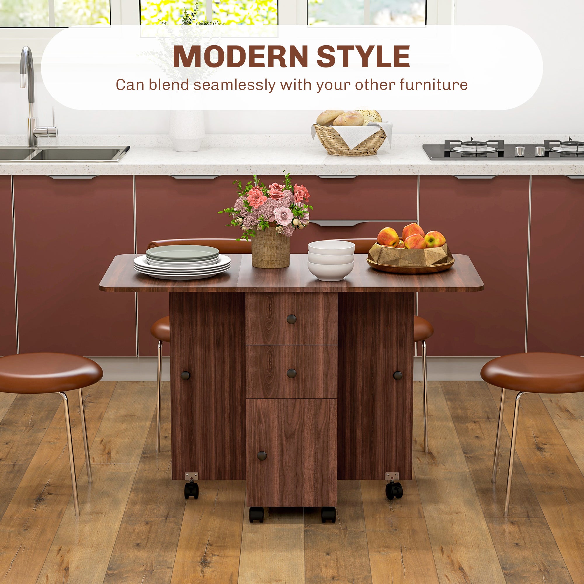 HOMCOM Foldable Dining Table, Rolling Kitchen Table With Storage Drawers and Cabinet, Drop Leaf Table on Wheels, Brown
