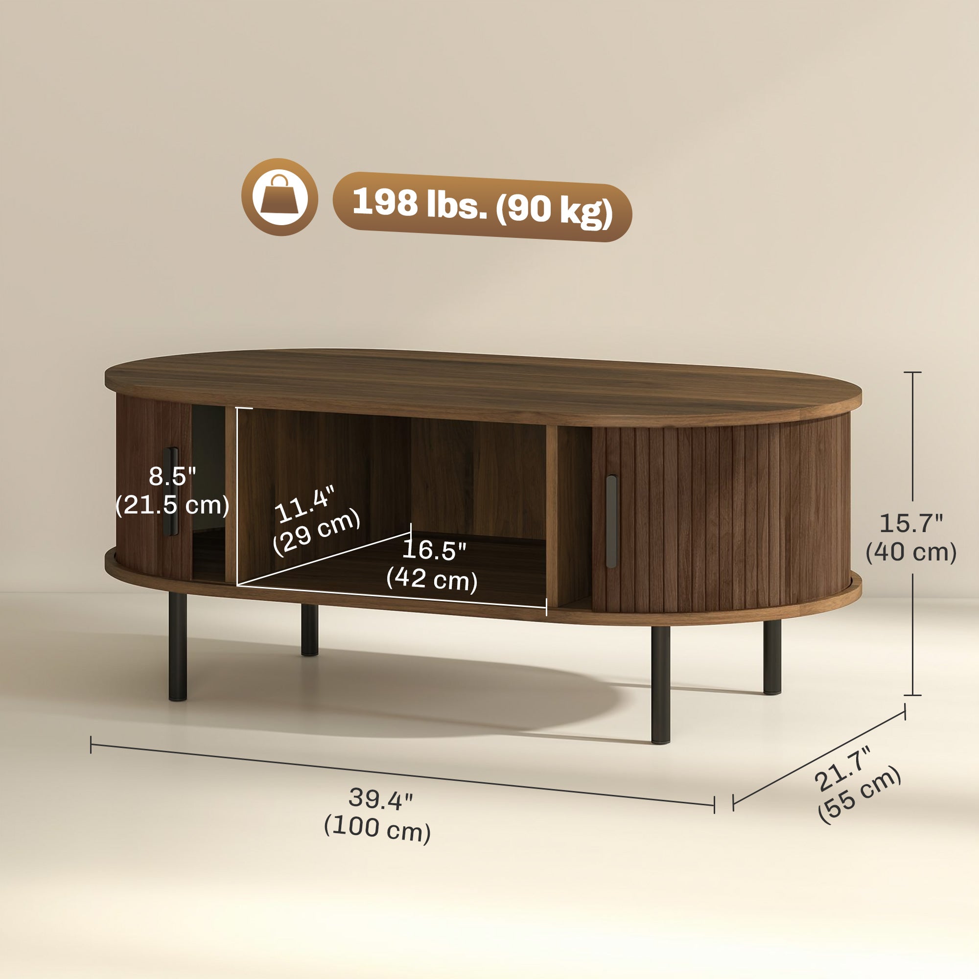 Mid-Century Modern Coffee Table, Center Table for Living Room with Storage, Sliding Tambour Doors, Rounded Edges and Metal Legs, Brown
