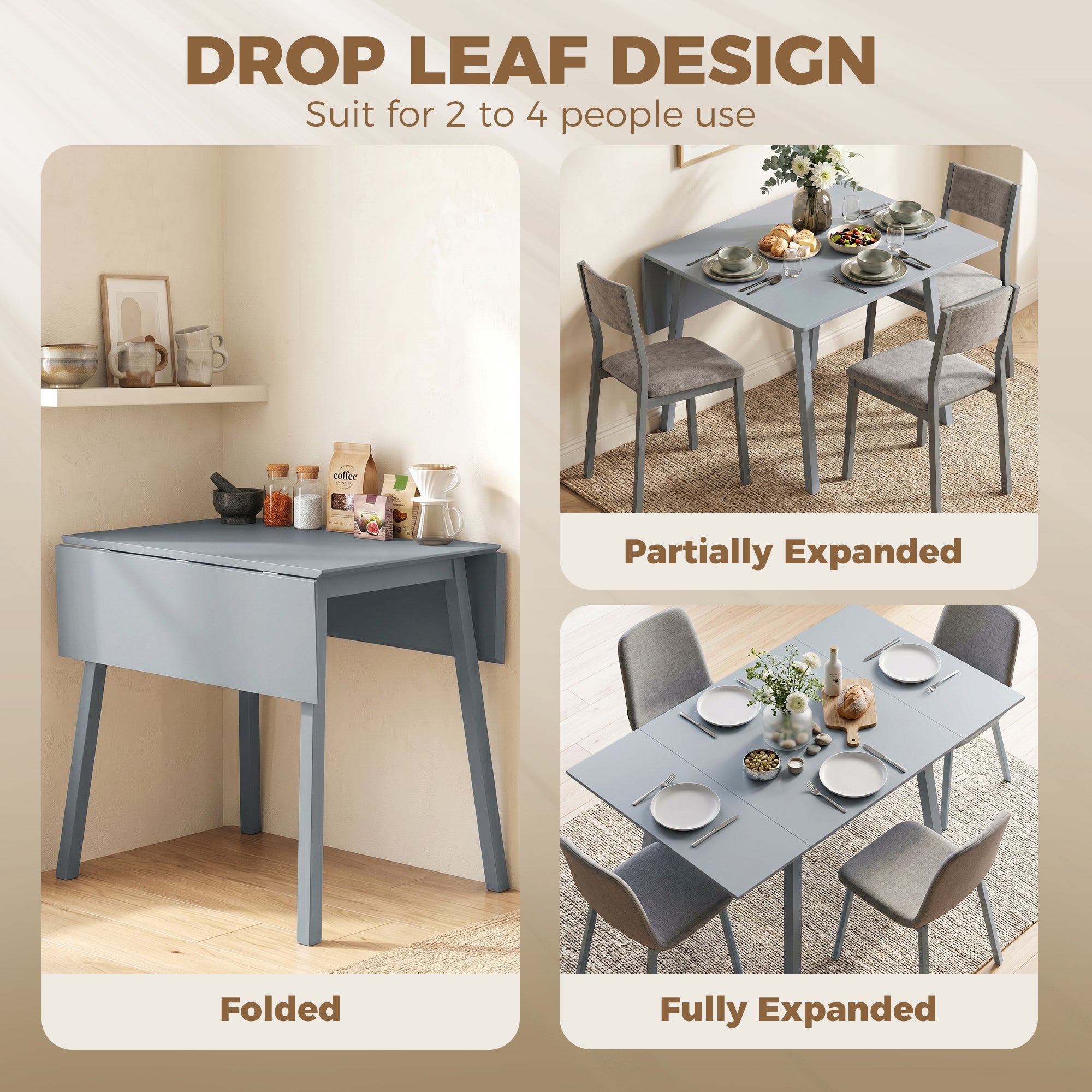 Solid Wood Folding Dining Table, Drop Leaf Table for 2-4 People, Rectangle Kitchen Table for Small Space, Grey