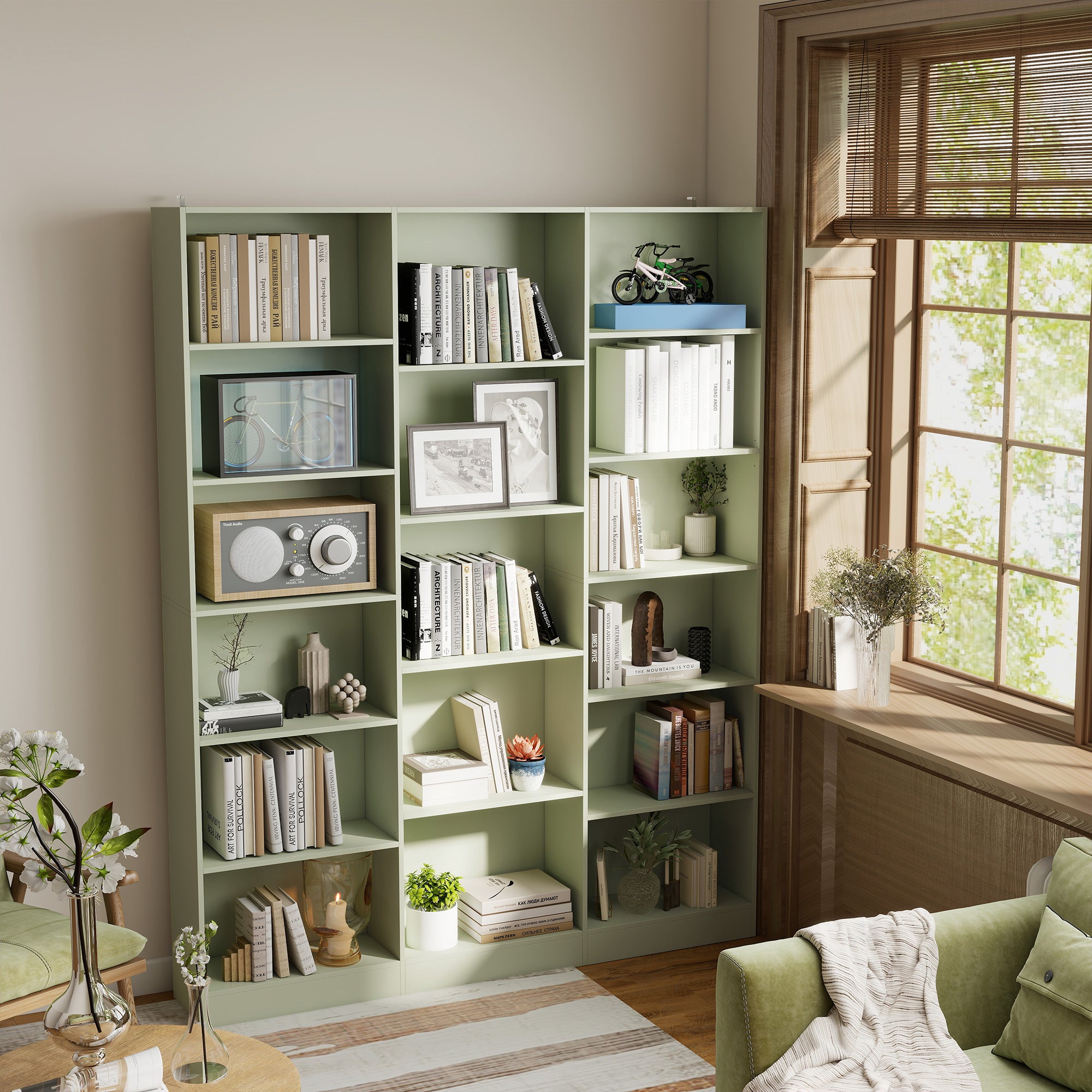 Bookcase with 17 Compartments, 6-Tier Tall Bookshelf with 17 Cubes, Adjustable Shelves, Freestanding Shelving Unit Display Shelf for Home Office, Living Room, 149 x 23.6 x 188 cm, Light Green