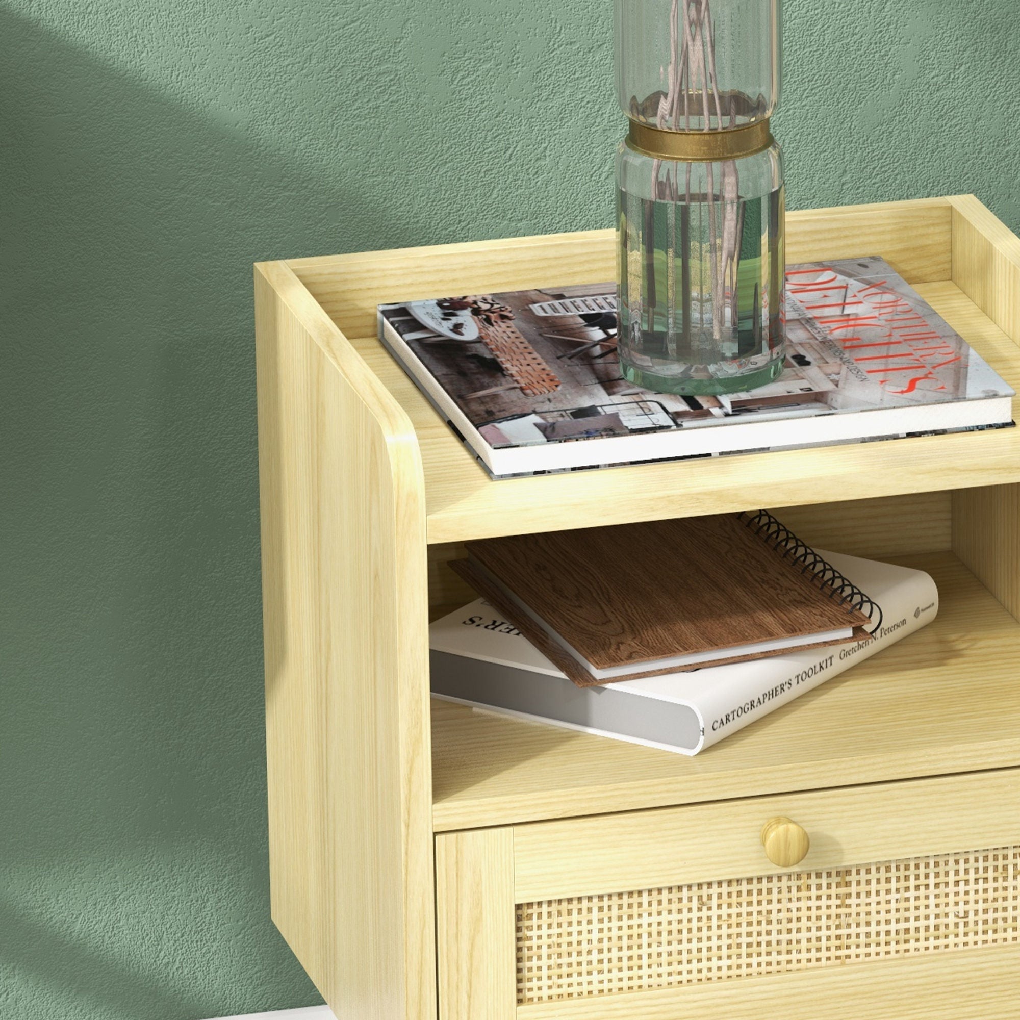HOMCOM Bedside Tables Set of 2, Boho Styled Nightstand with Drawer, Storage Compartment and Rattan Accent, Side End Table for Bedroom, 40 x 30 x 60cm, Natural Wood Finish