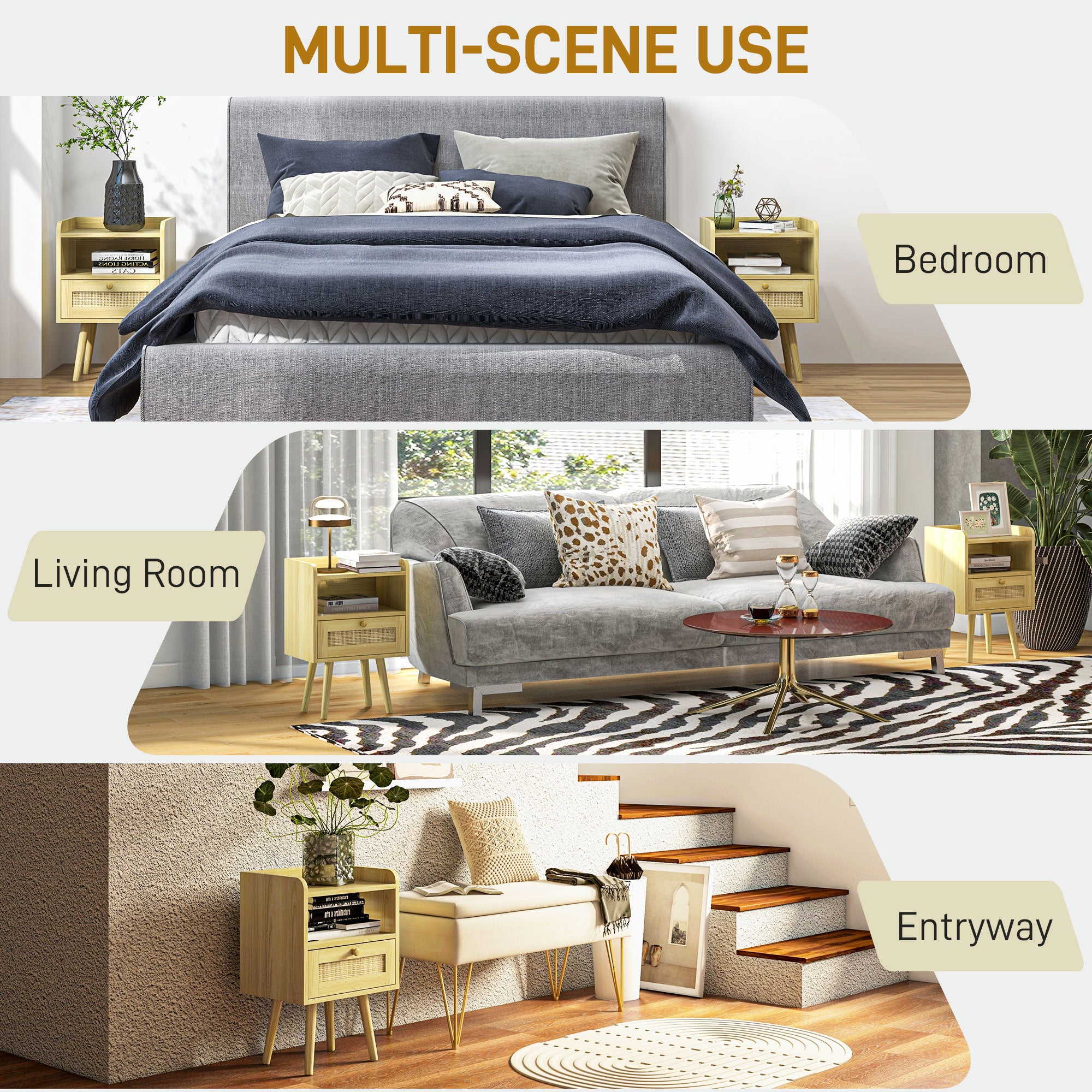 HOMCOM Bedside Tables Set of 2, Boho Styled Nightstand with Drawer, Storage Compartment and Rattan Accent, Side End Table for Bedroom, 40 x 30 x 60cm, Natural Wood Finish