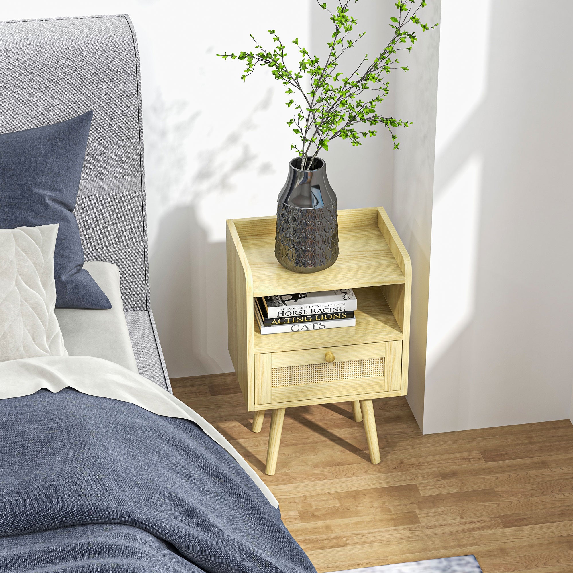 HOMCOM Bedside Tables Set of 2, Boho Styled Nightstand with Drawer, Storage Compartment and Rattan Accent, Side End Table for Bedroom, 40 x 30 x 60cm, Natural Wood Finish