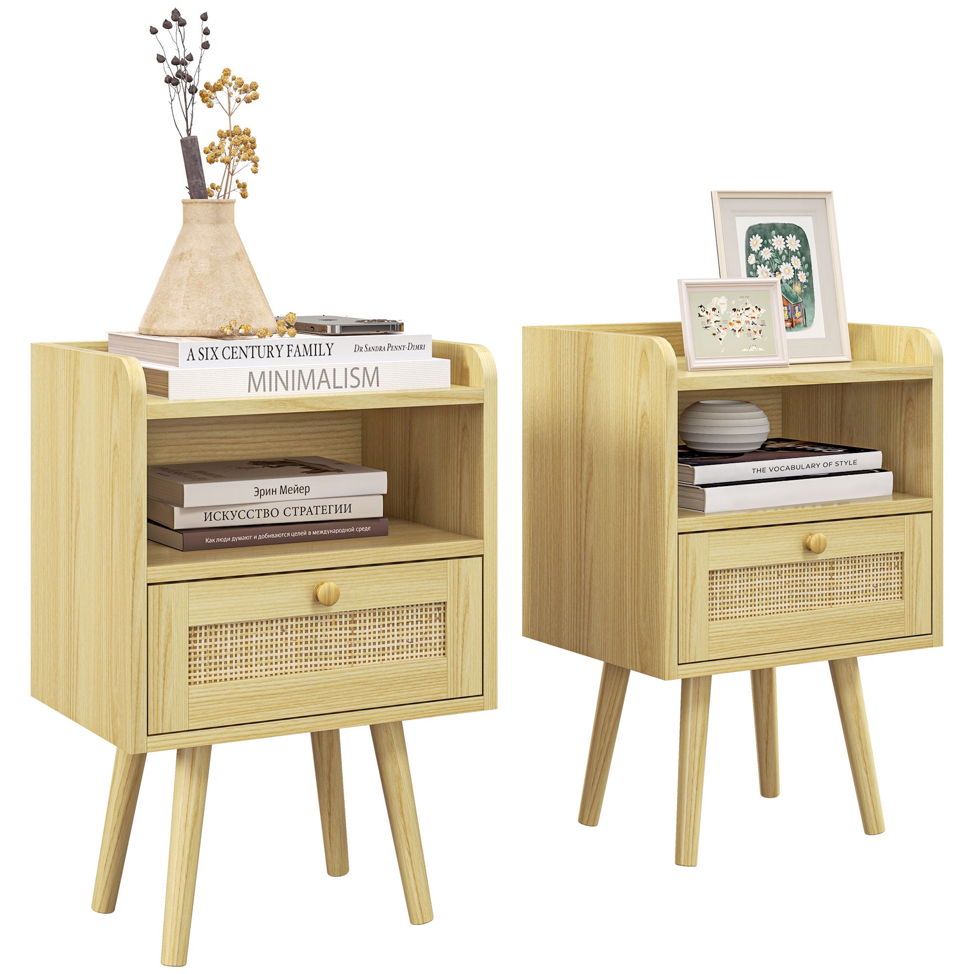 HOMCOM Bedside Tables Set of 2, Boho Styled Nightstand with Drawer, Storage Compartment and Rattan Accent, Side End Table for Bedroom, 40 x 30 x 60cm, Natural Wood Finish