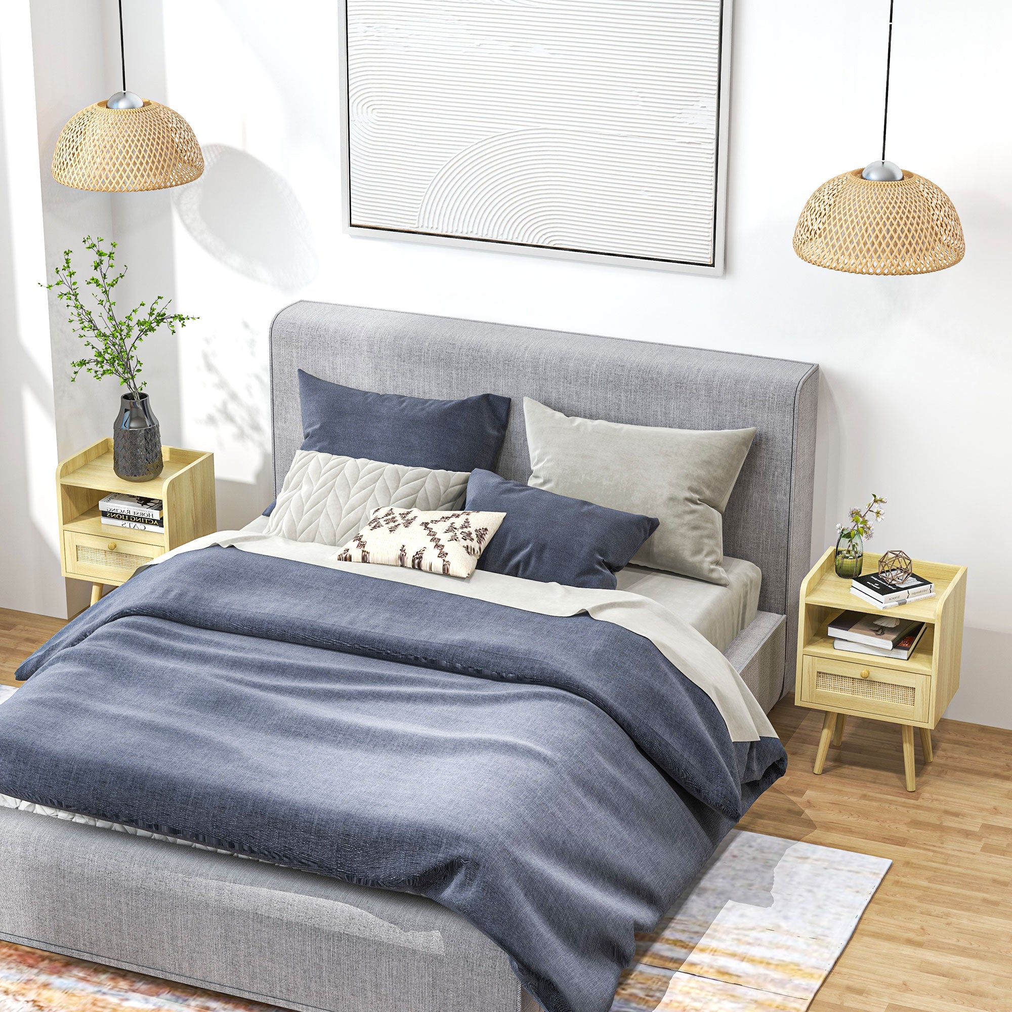 HOMCOM Bedside Tables Set of 2, Boho Styled Nightstand with Drawer, Storage Compartment and Rattan Accent, Side End Table for Bedroom, 40 x 30 x 60cm, Natural Wood Finish
