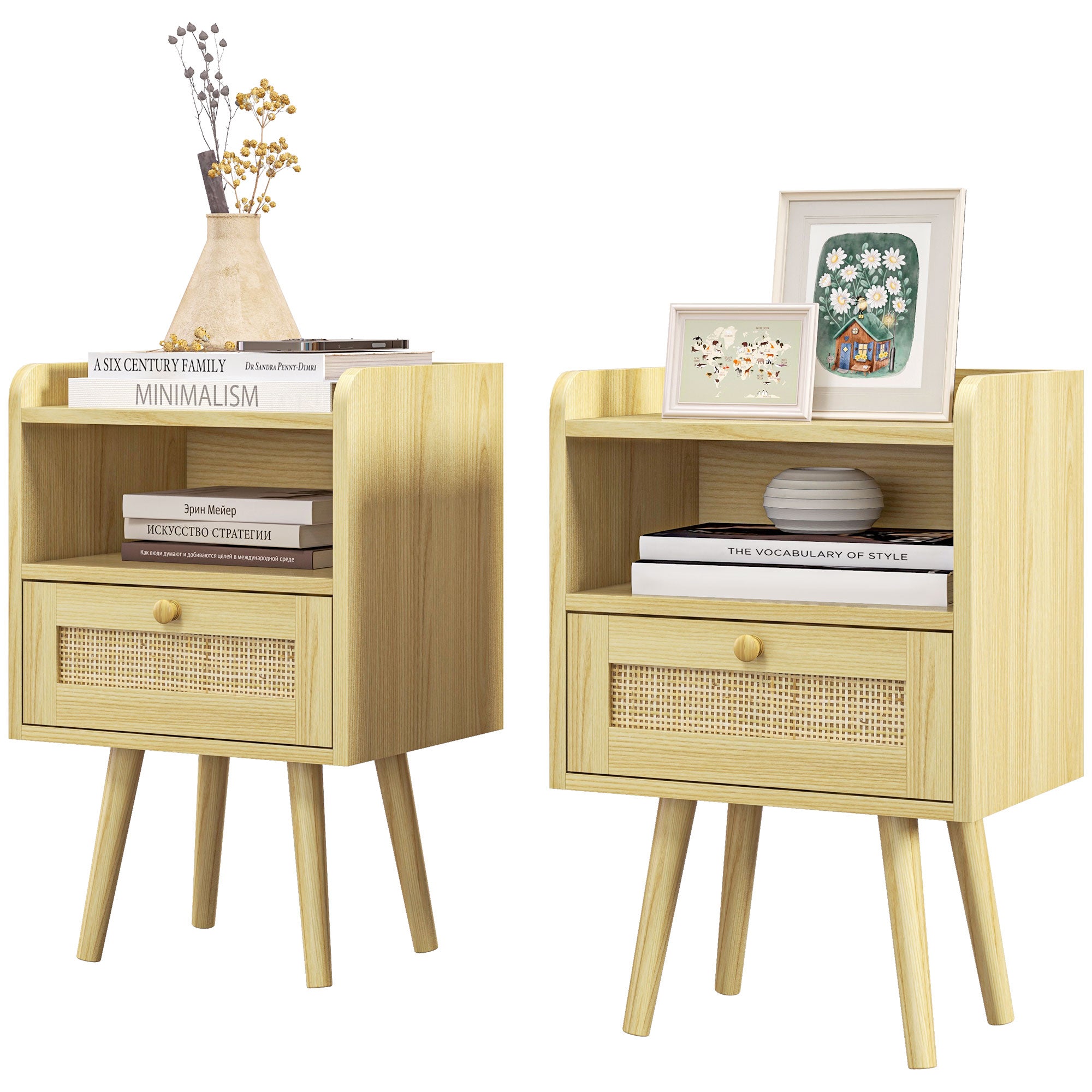 HOMCOM Bedside Tables Set of 2, Boho Styled Nightstand with Drawer, Storage Compartment and Rattan Accent, Side End Table for Bedroom, 40 x 30 x 60cm, Natural Wood Finish