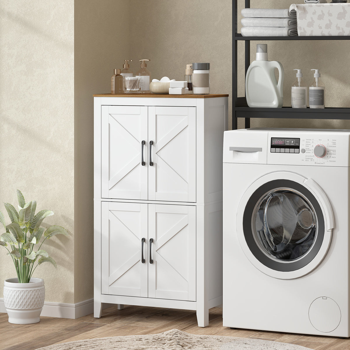 Bathroom Floor Cabinet, Farmhouse Freestanding Bathroom Storage Cabinet with Barn Doors and Adjustable Shelves, White