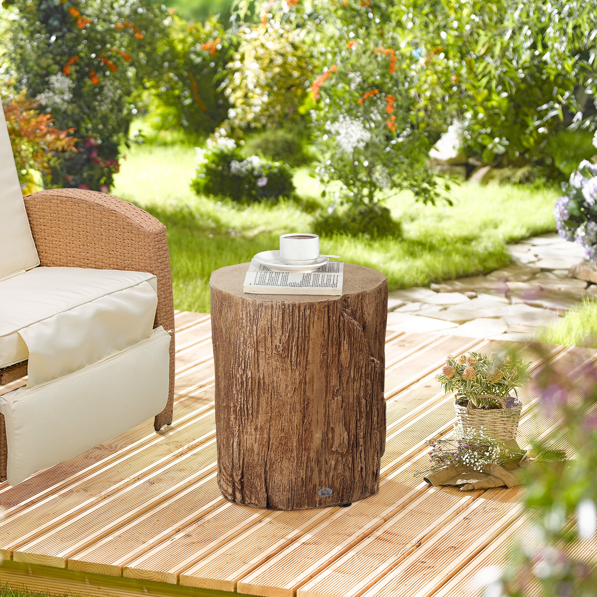 17" Tall Tree Stump End Table Concrete Sofa Side Table Natural Wood