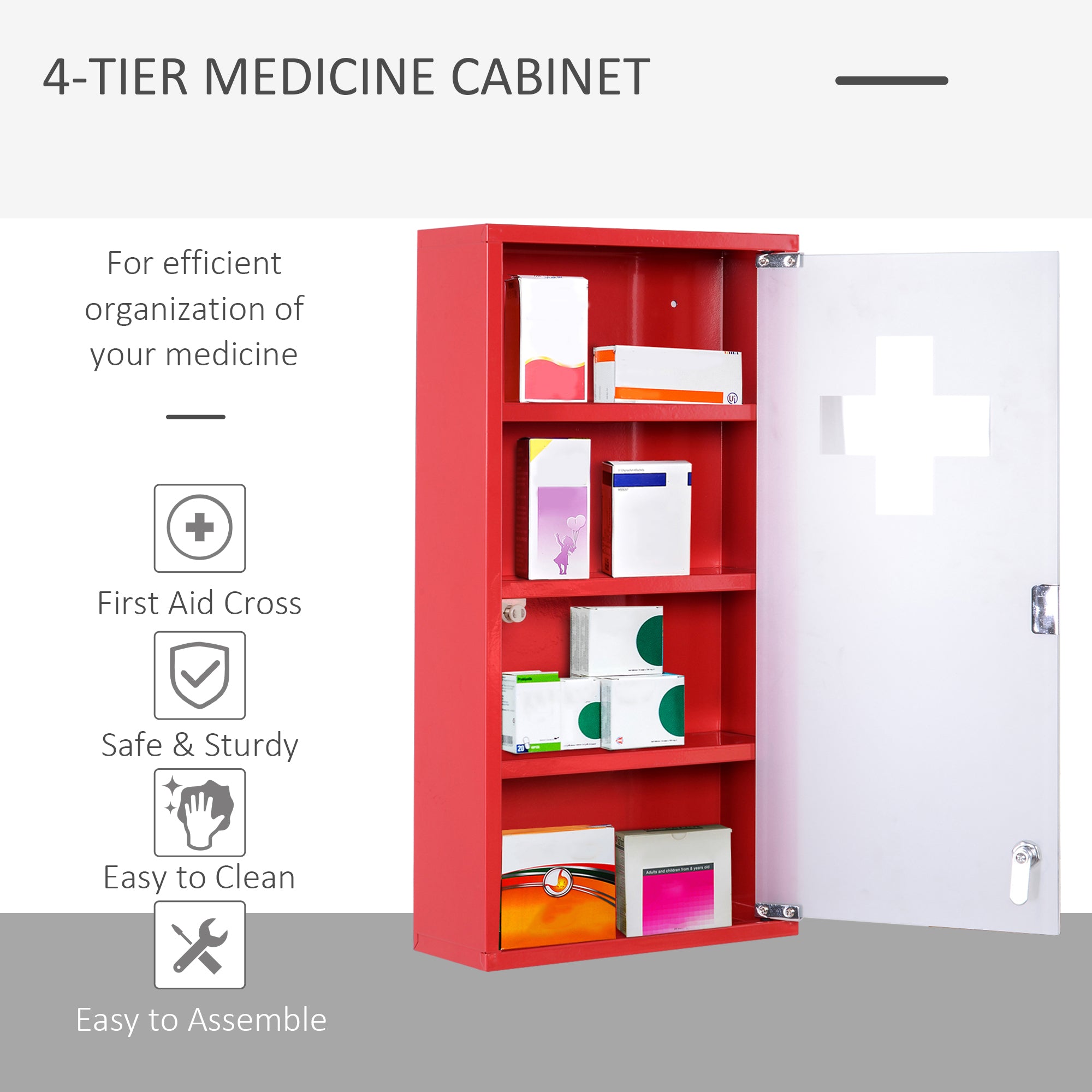 HOMCOM Locking Medicine Cabinet, 12" x 24" Bathroom Wall Cabinet with 4 Tier Shelves, Steel Frame and Glass Door, Lockable with 2 Keys, Red