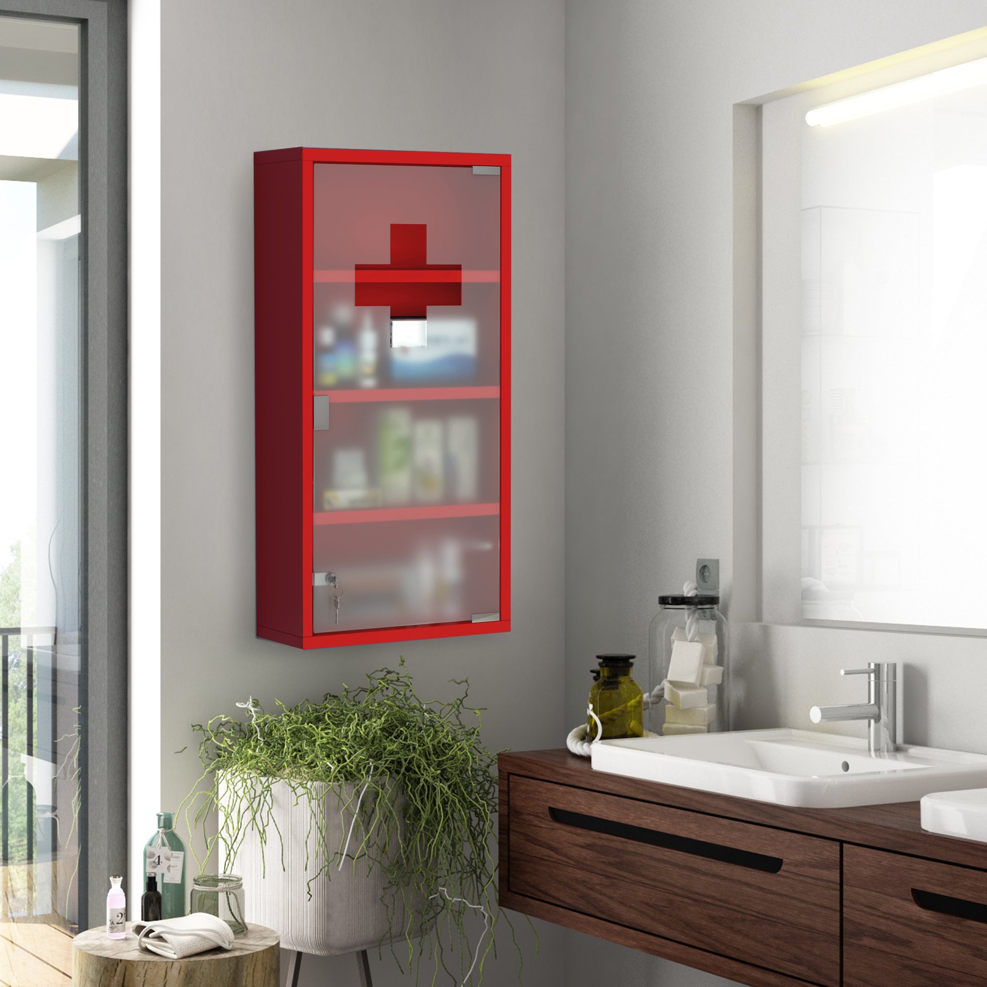 HOMCOM Locking Medicine Cabinet, 12" x 24" Bathroom Wall Cabinet with 4 Tier Shelves, Steel Frame and Glass Door, Lockable with 2 Keys, Red