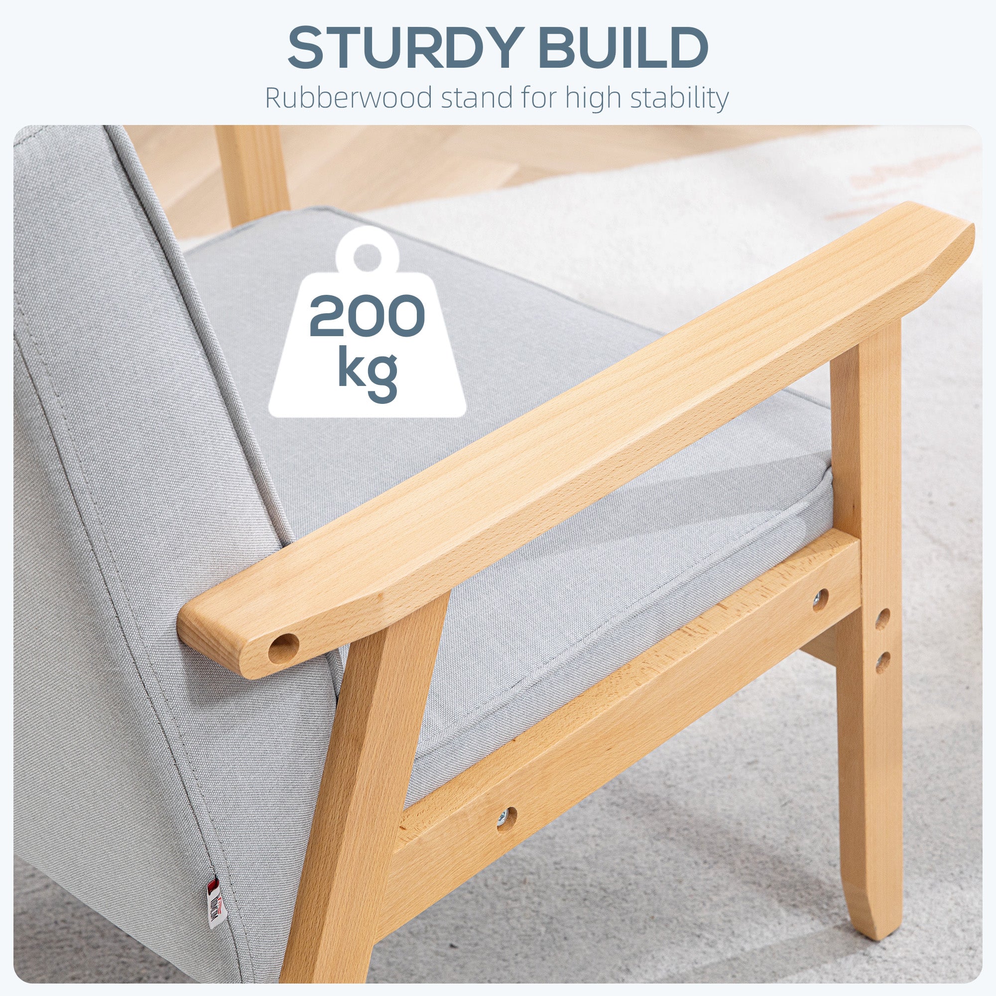 HOMCOM Fabric Accent Chair, Tufted Armchair, Modern Living Room Chair with Wood Legs and Thick Padding for Bedroom, Light Grey