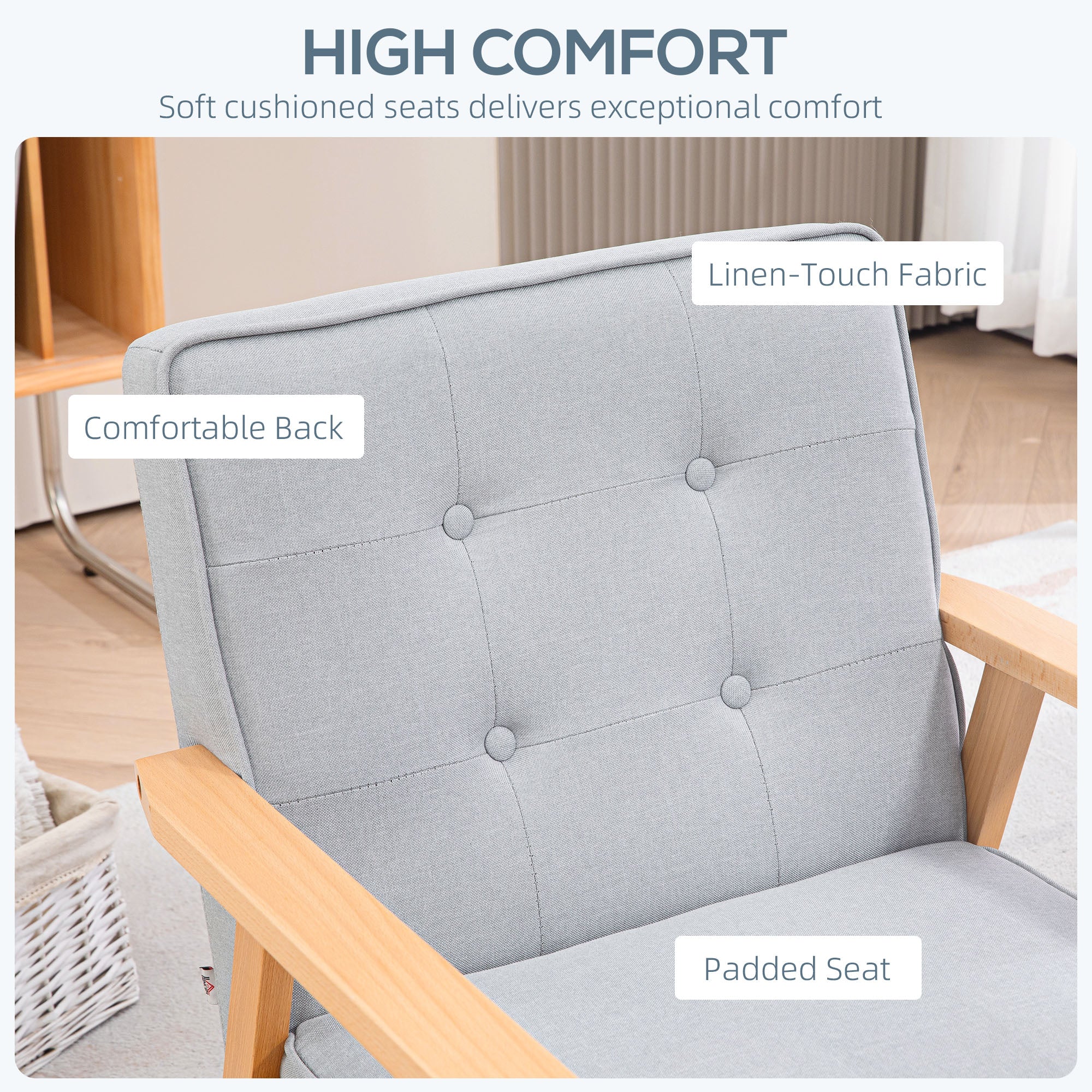 HOMCOM Fabric Accent Chair, Tufted Armchair, Modern Living Room Chair with Wood Legs and Thick Padding for Bedroom, Light Grey