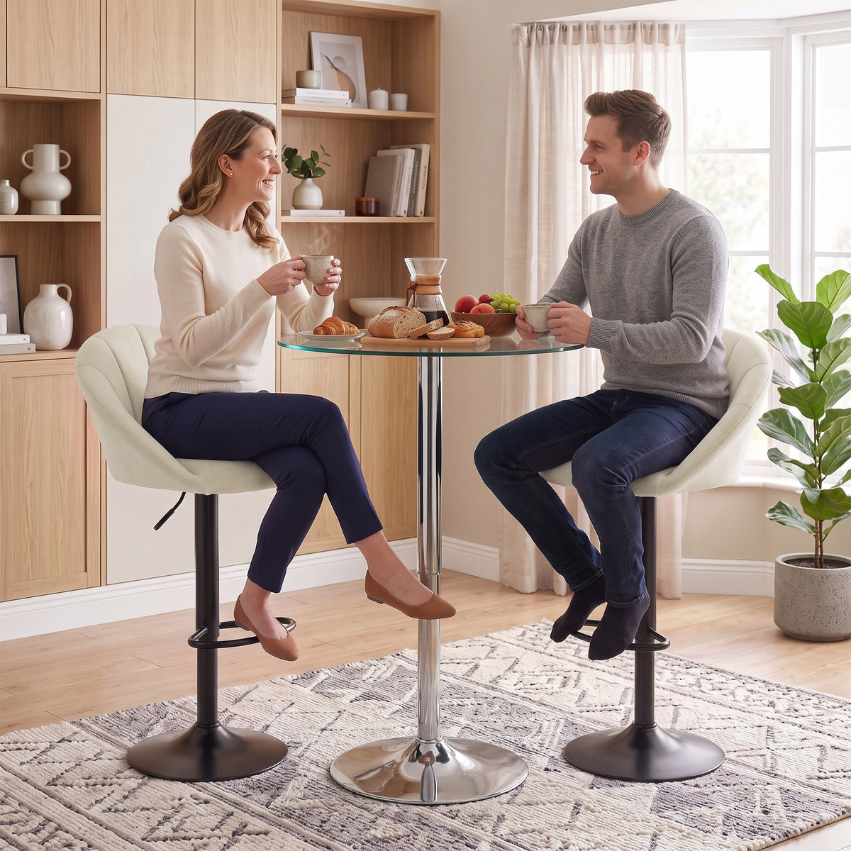 Breakfast Bar Stools Set of 2, Modern Velvet-Feel Swivel BarStools, Adjustable Counter Height Bar Chairs with Backrest and Footrest for Kitchen Island, Dining Room, Bar, Cream White