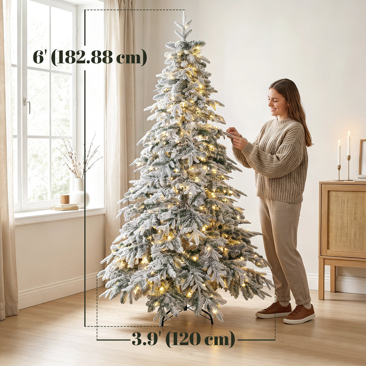 6ft Prelit Flocked Christmas Tree, Artificial Downswept Hinged Xmas Tree with 350 Warm White LED Lights, 8 Modes, Daily Timer, 740 Tips, Remote, Steel Stand, Green White