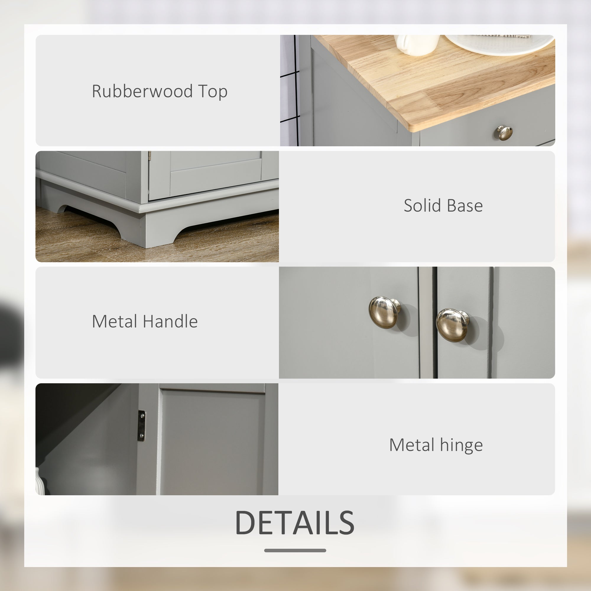 Kitchen Sideboard Floor Cupboard w/ Solid Wood Top, Adjustable Shelf & 3 Drawers, Gray - HOMCOM