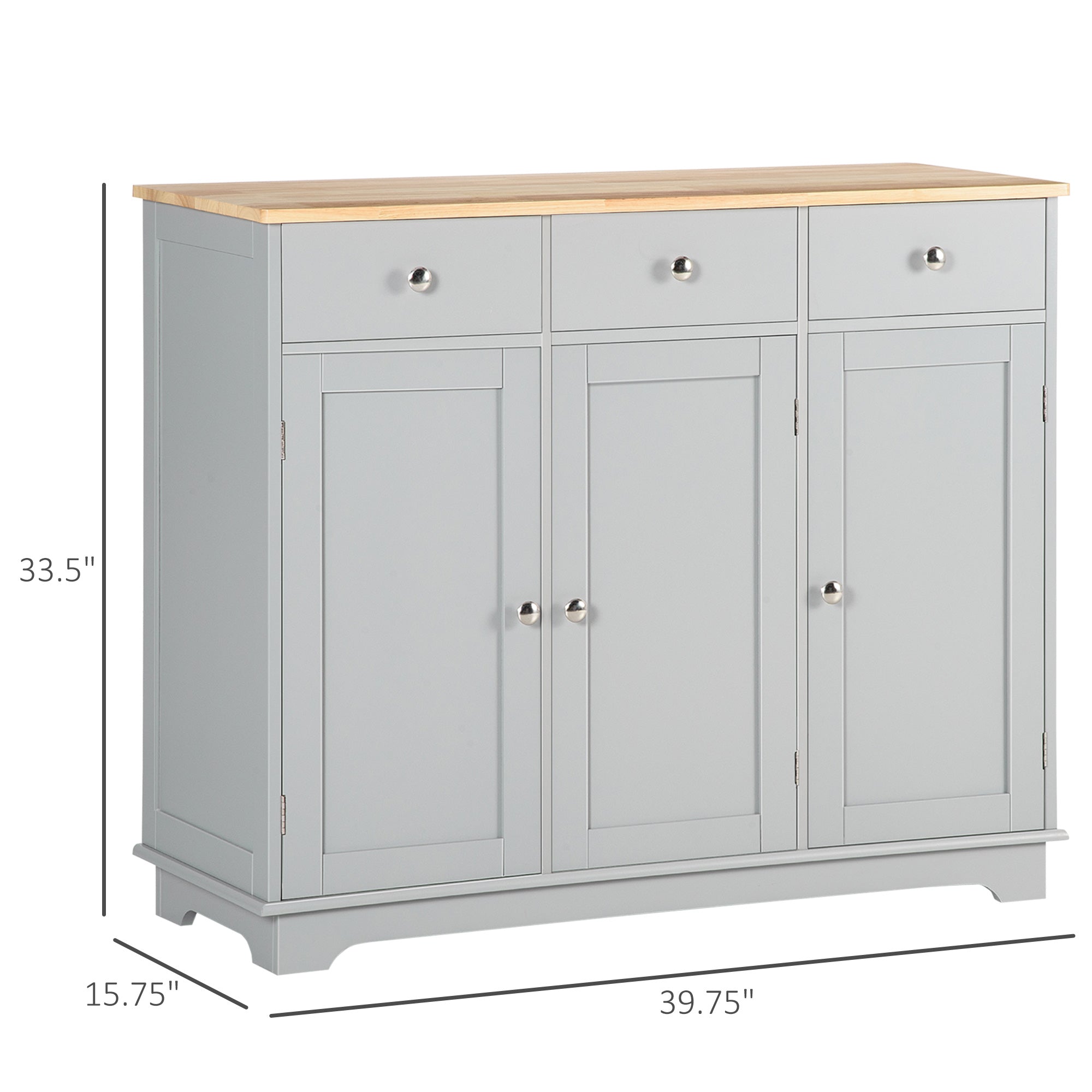 Kitchen Sideboard Floor Cupboard w/ Solid Wood Top, Adjustable Shelf & 3 Drawers, Gray - HOMCOM