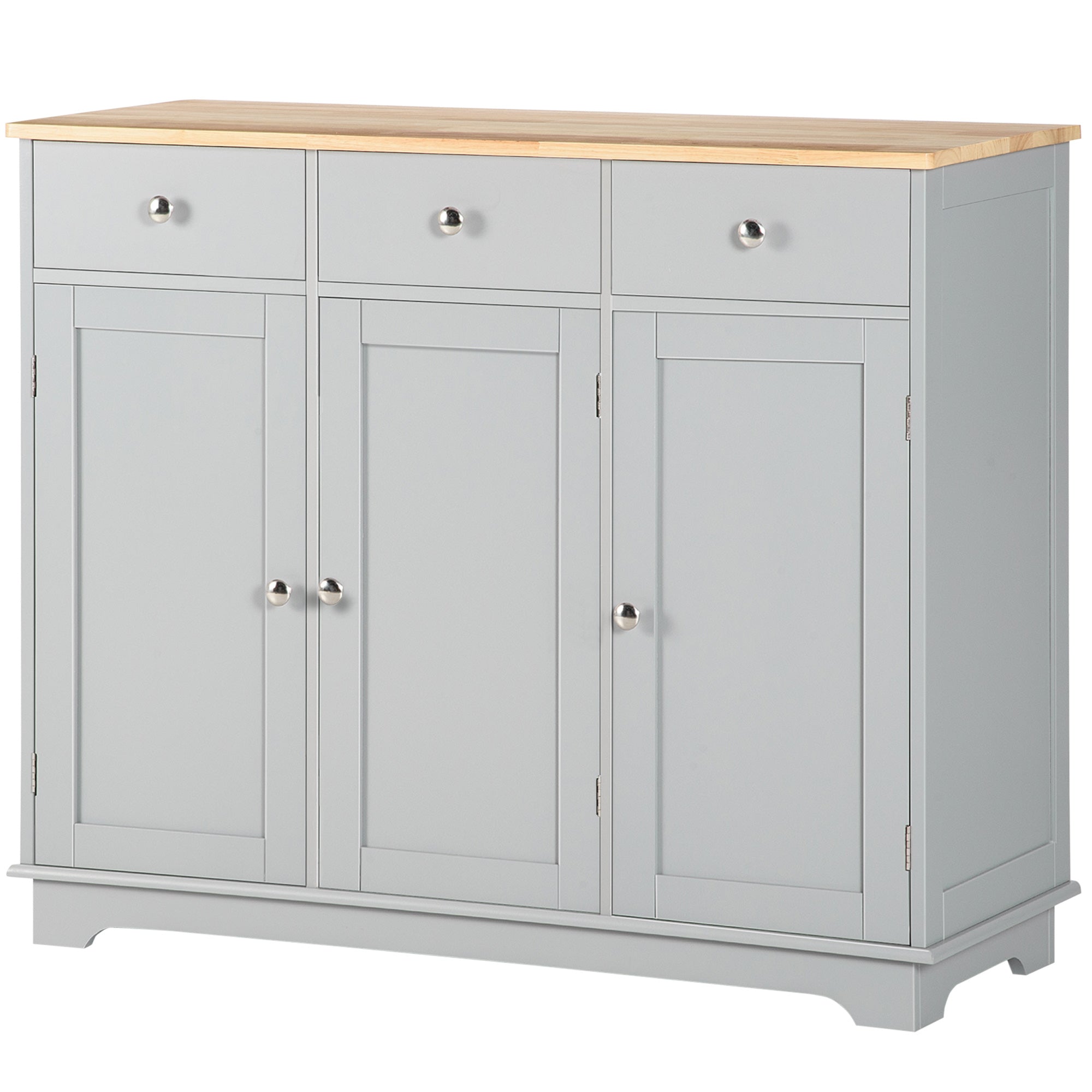 Kitchen Sideboard Floor Cupboard w/ Solid Wood Top, Adjustable Shelf & 3 Drawers, Gray