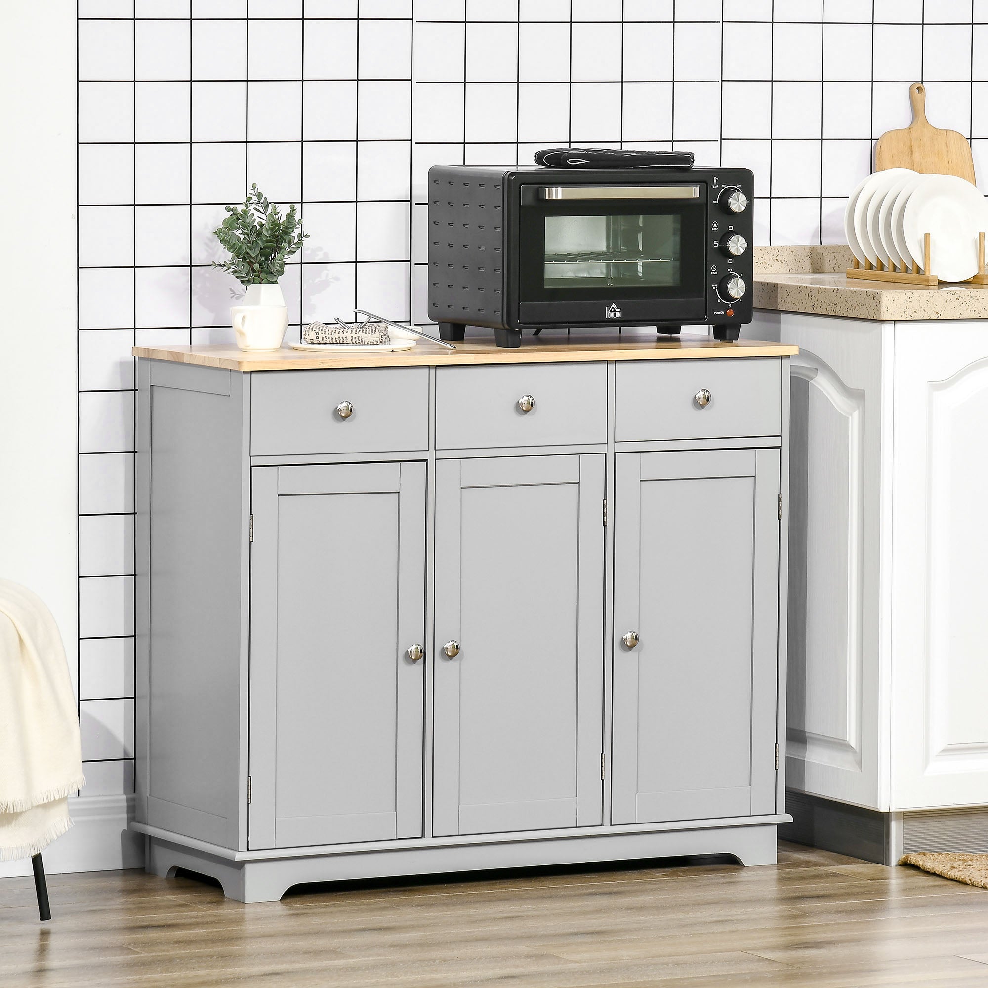 Kitchen Sideboard Floor Cupboard w/ Solid Wood Top, Adjustable Shelf & 3 Drawers, Gray - HOMCOM