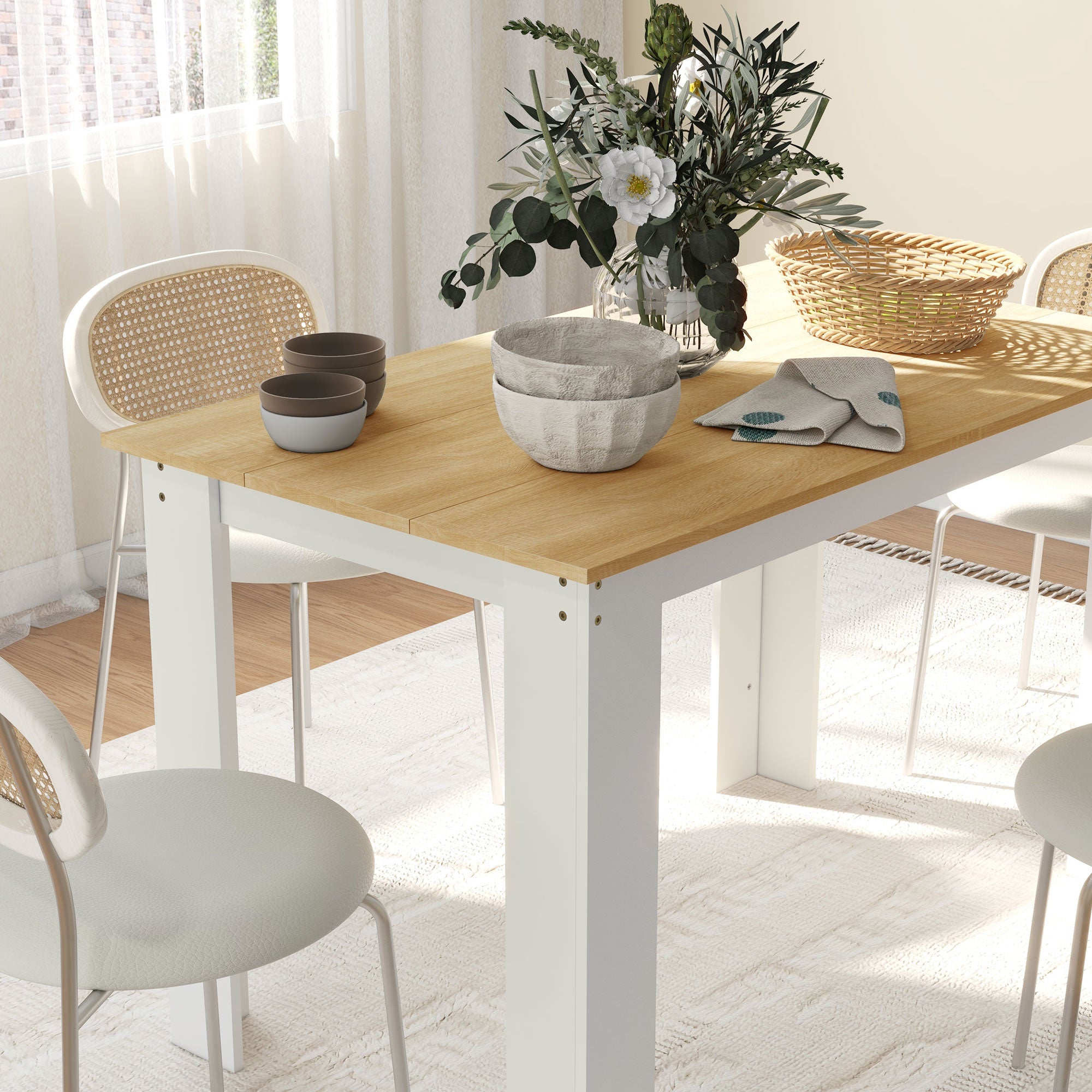 Dining Table for 4 to 6, 120W x 69D x 75H cm, Modern Kitchen Table with Wood Effect Tabletop for Dining Room, Kitchen, Living Room, Oak and White