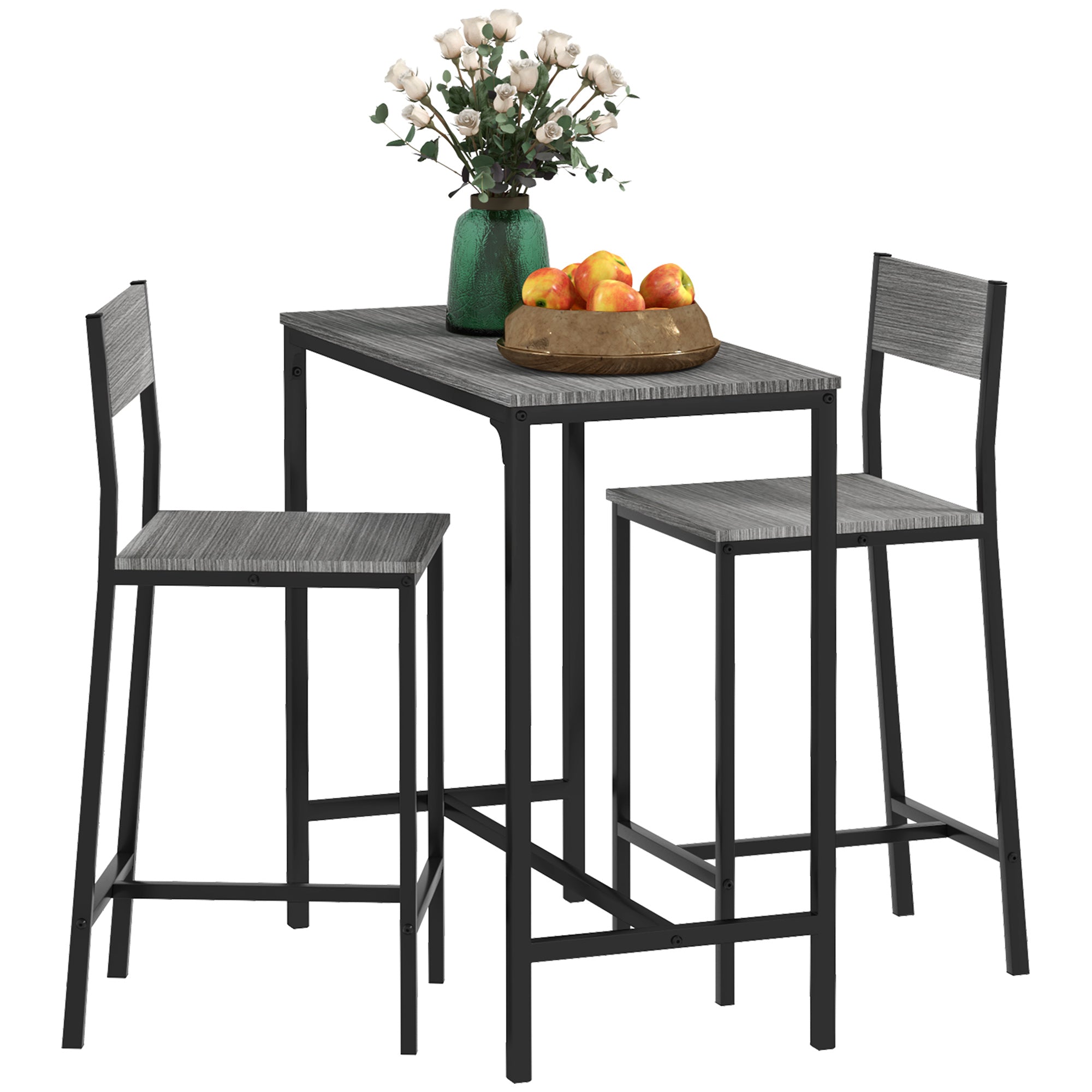 3 Piece Industrial Dining Table Set for 2, Counter Height Kitchen Table, Gray