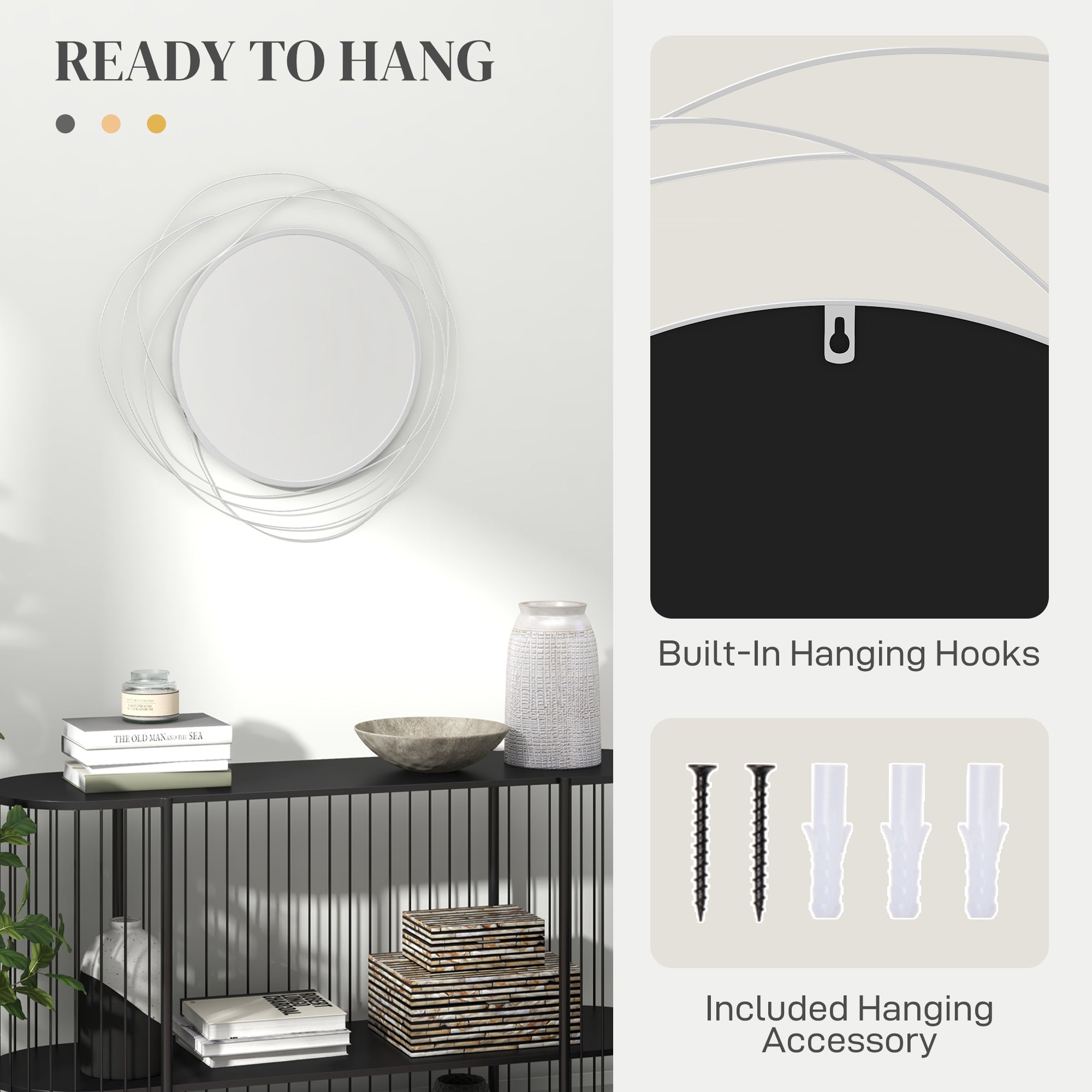 HOMCOM Decor Wall Mirror, Metal Wall Art, 65cm Round Mirror for Living Room, Bedroom, Dining Room, Vanity, Silver