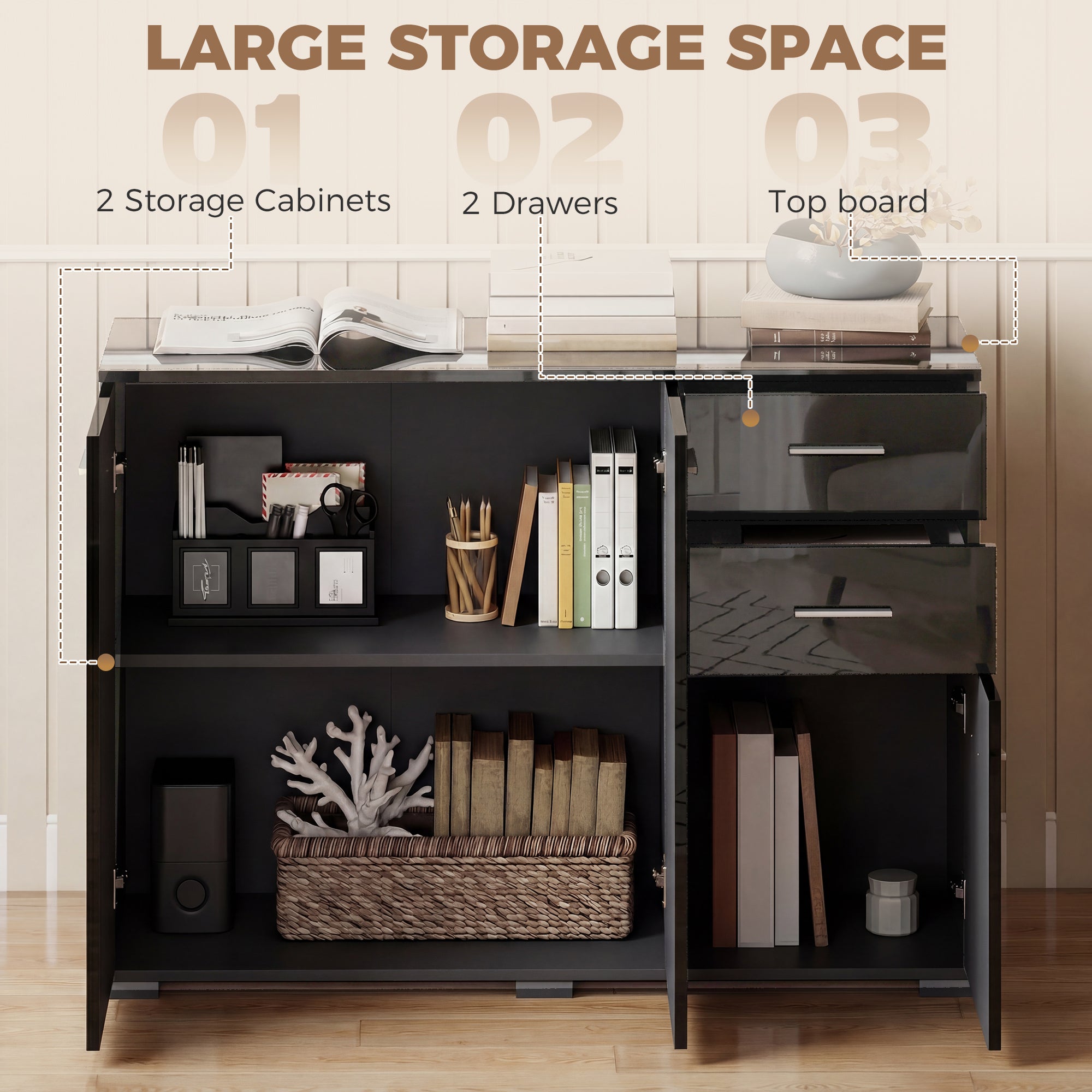 Sideboard, Modern Storage Cabinet with 2 Drawers, 3 Doors and Adjustable Shelves, Kitchen Cabinet for Living Room, Dining Room, High Gloss Black