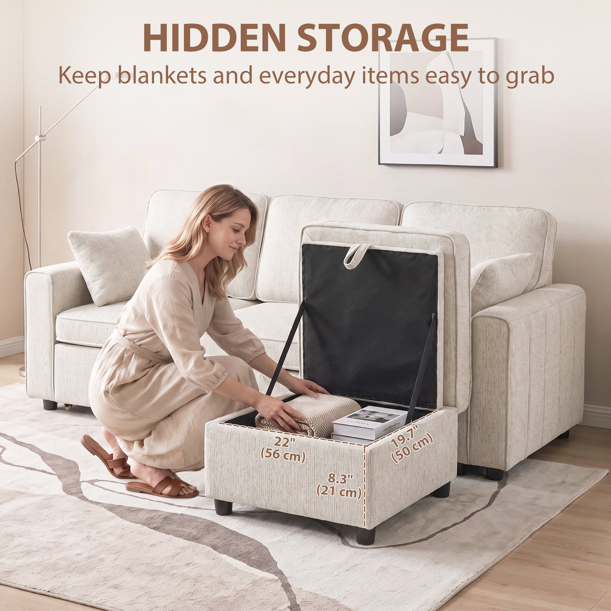Modular Sectional Sofa Bed with Reversible Storage Ottoman, Chenille Pull Out Sleeper Sofa with Spring Cushion, Wide and Deep Seat, 3 Seater Couch for Living Room, Beige