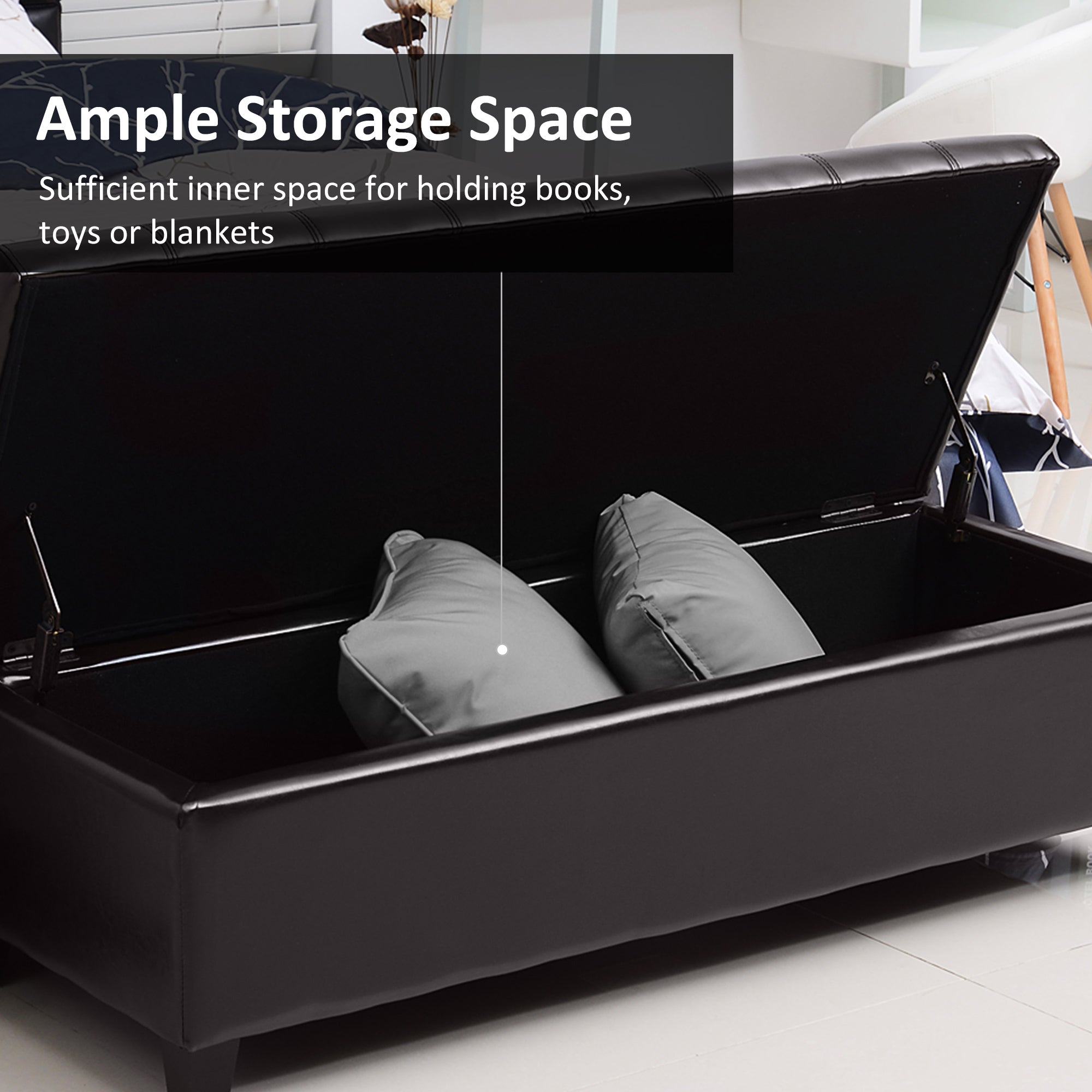 Storage Ottoman Bench, Foot Rest with Solid Wood Legs, End of Bed Bench, 51 Inches PU Leather Storage Chest for Living Room, Bedroom, Entryway, Brown