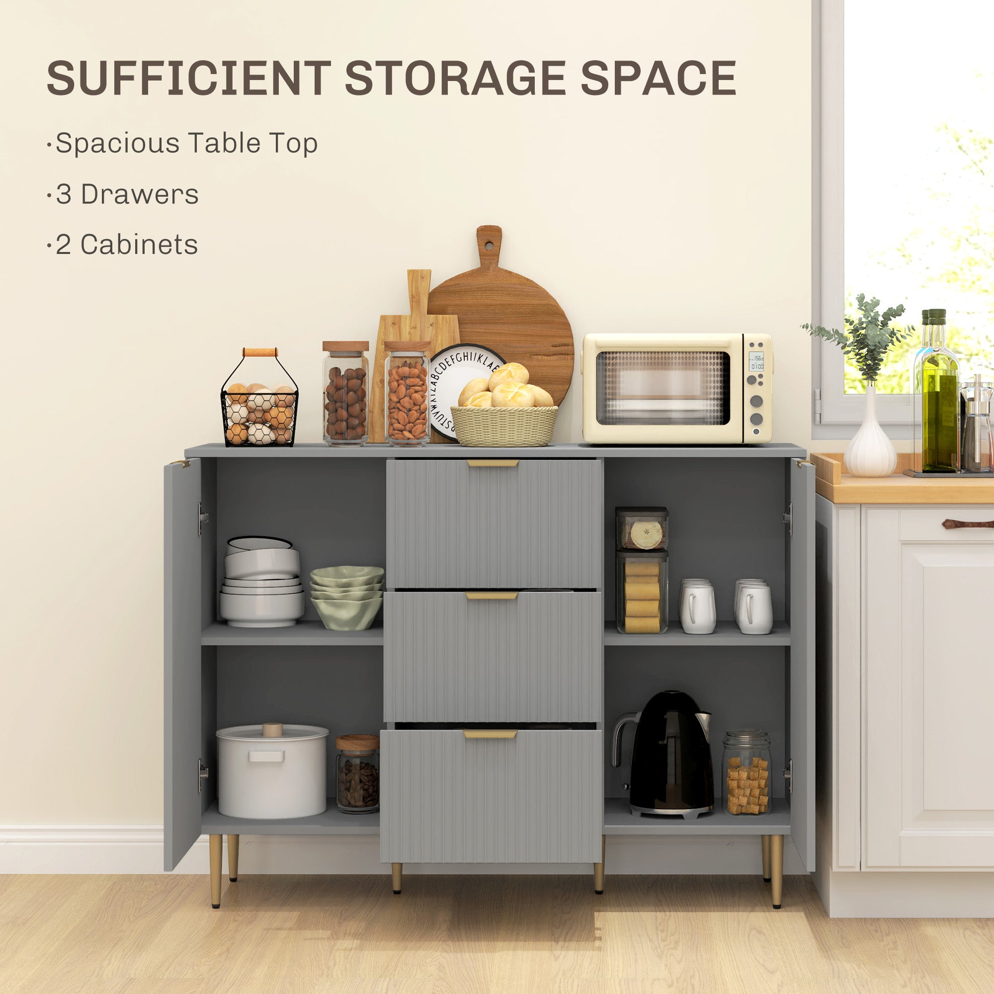 HOMCOM Sideboard Buffet Cabinet, Modern Kitchen Storage Cabinet with 3 Drawers and Adjustable Shelves, Pantry Cabinet with Metal Legs for Kitchen Hallway, Grey