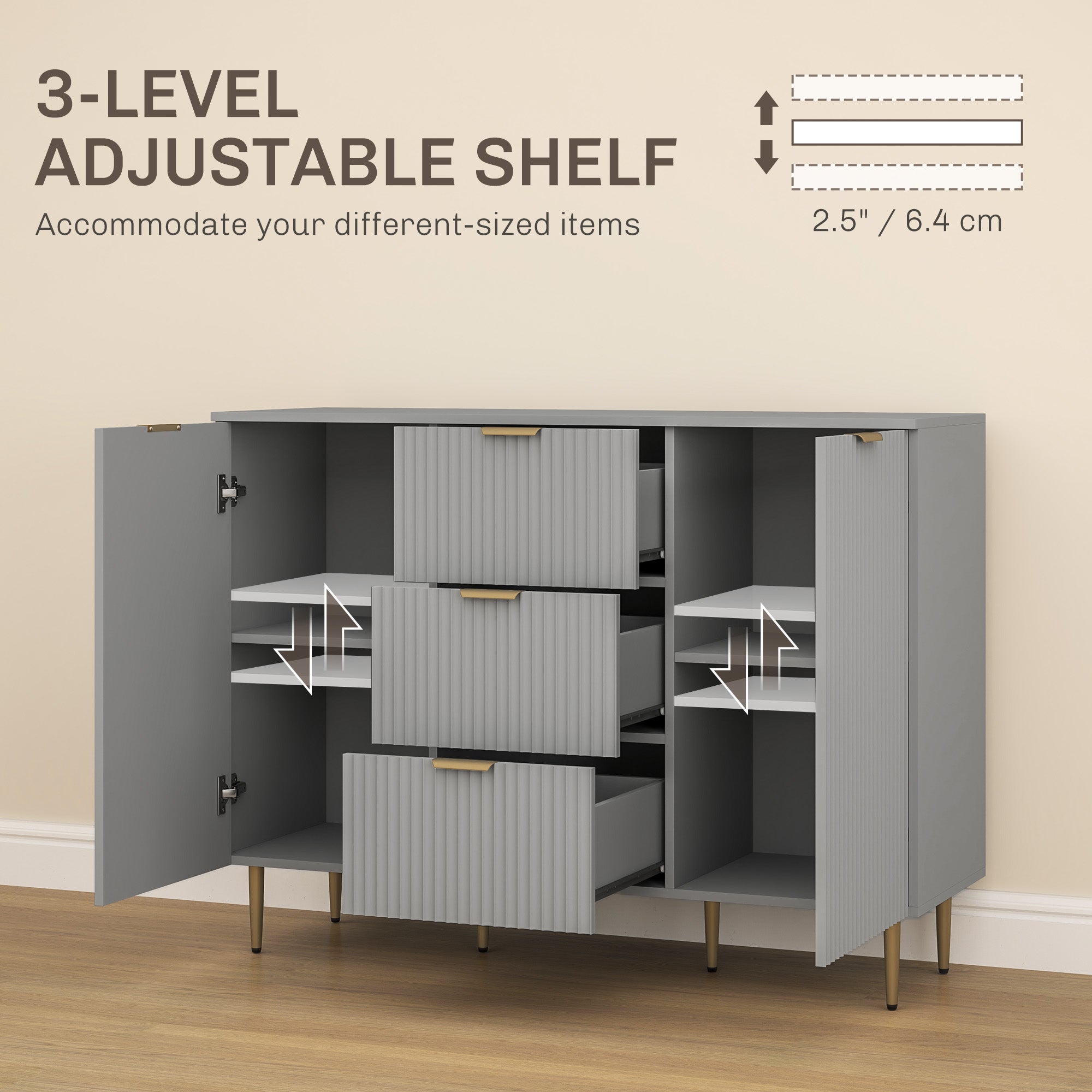 HOMCOM Sideboard Buffet Cabinet, Modern Kitchen Storage Cabinet with 3 Drawers and Adjustable Shelves, Pantry Cabinet with Metal Legs for Kitchen Hallway, Grey