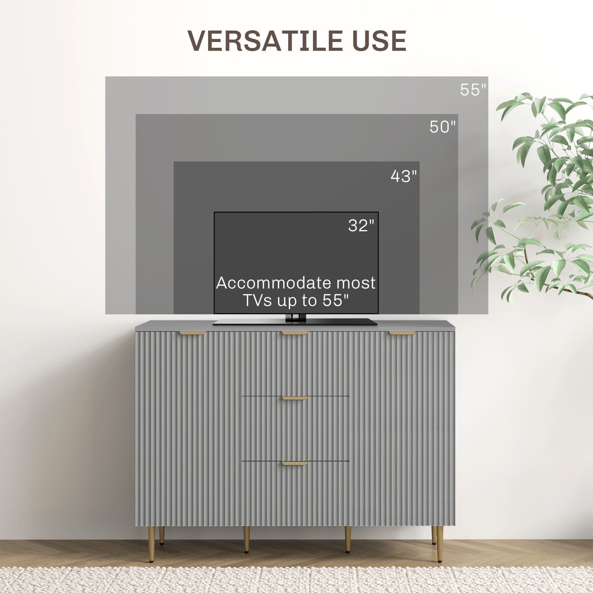 HOMCOM Sideboard Buffet Cabinet, Modern Kitchen Storage Cabinet with 3 Drawers and Adjustable Shelves, Pantry Cabinet with Metal Legs for Kitchen Hallway, Grey