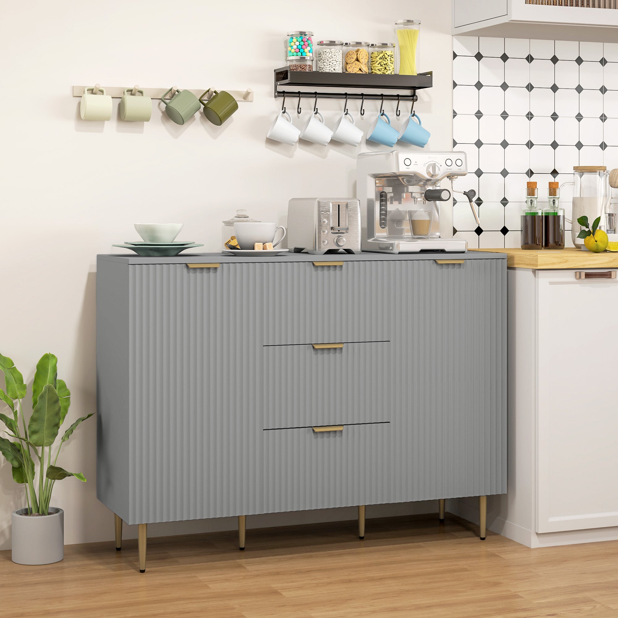 HOMCOM Sideboard Buffet Cabinet, Modern Kitchen Storage Cabinet with 3 Drawers and Adjustable Shelves, Pantry Cabinet with Metal Legs for Kitchen Hallway, Grey