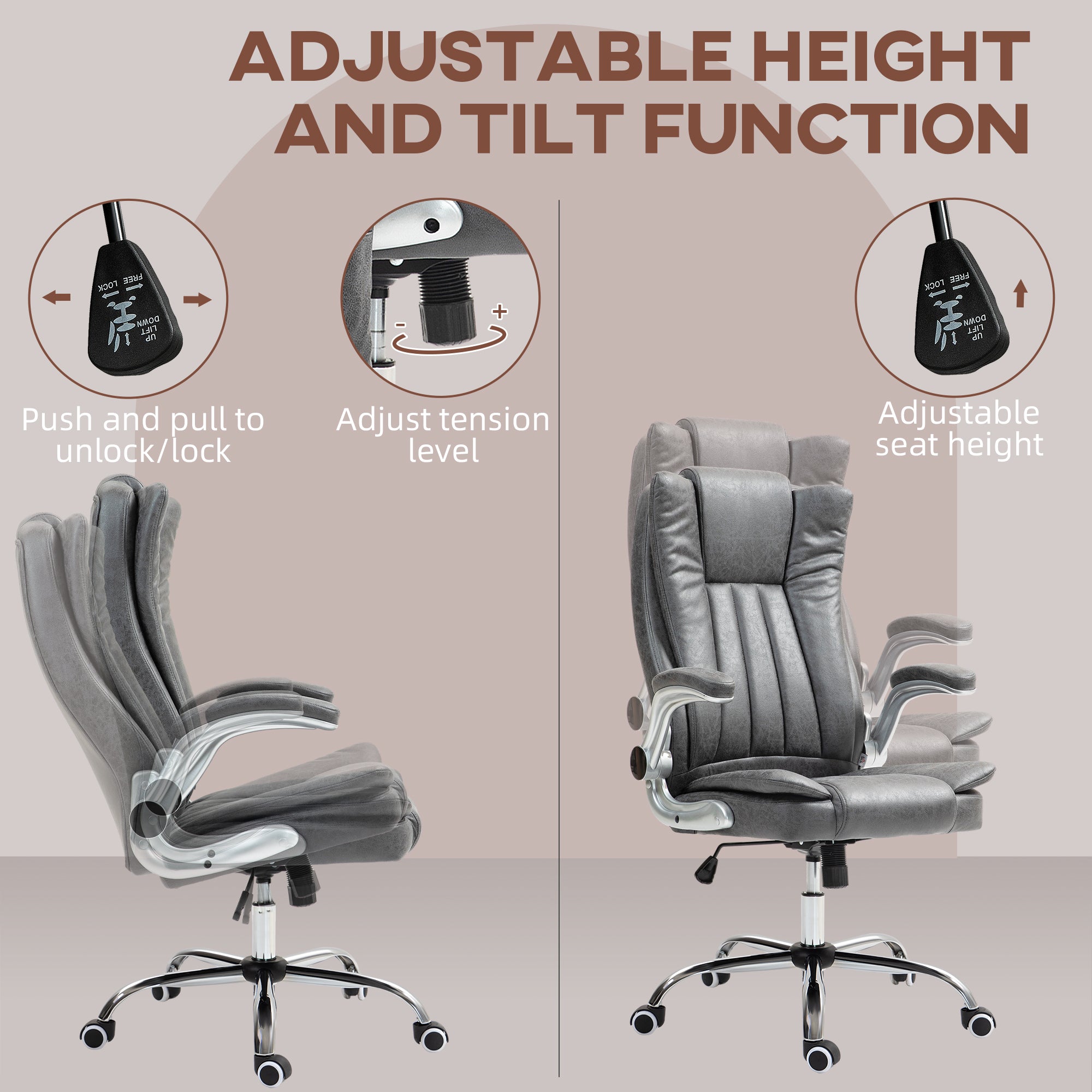 Microfiber Executive Office Chair with Padded Flip up Arms & Adjustable Height, Gray