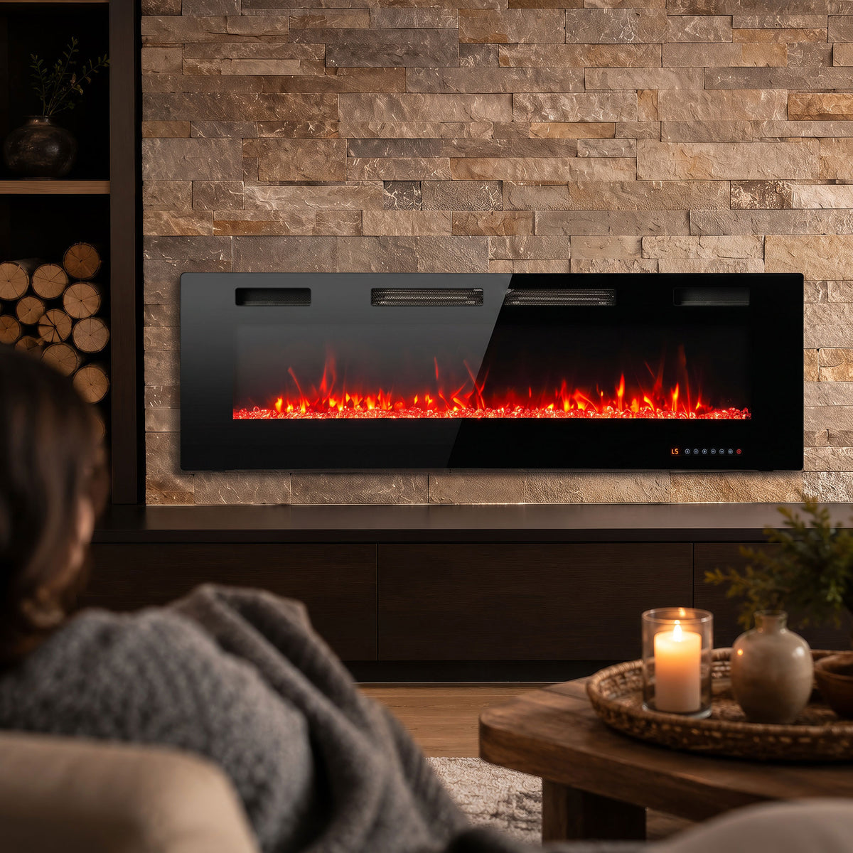 60\" Electric Fireplace Insert, Ultra-Thin Recessed, Wall Mounted and Freestanding Fireplace w/ Flame Effect, Adjustable Brightness, Crystal Stone, Remote, 750W/1500W, Black