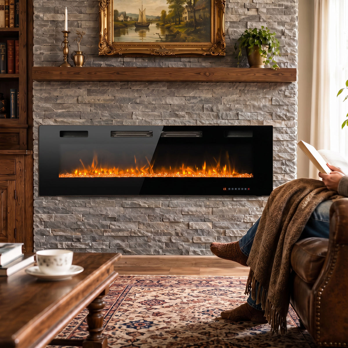 60\" Electric Fireplace Insert, Ultra-Thin Recessed, Wall Mounted and Freestanding Fireplace w/ Flame Effect, Adjustable Brightness, Crystal Stone, Remote, 750W/1500W, Black