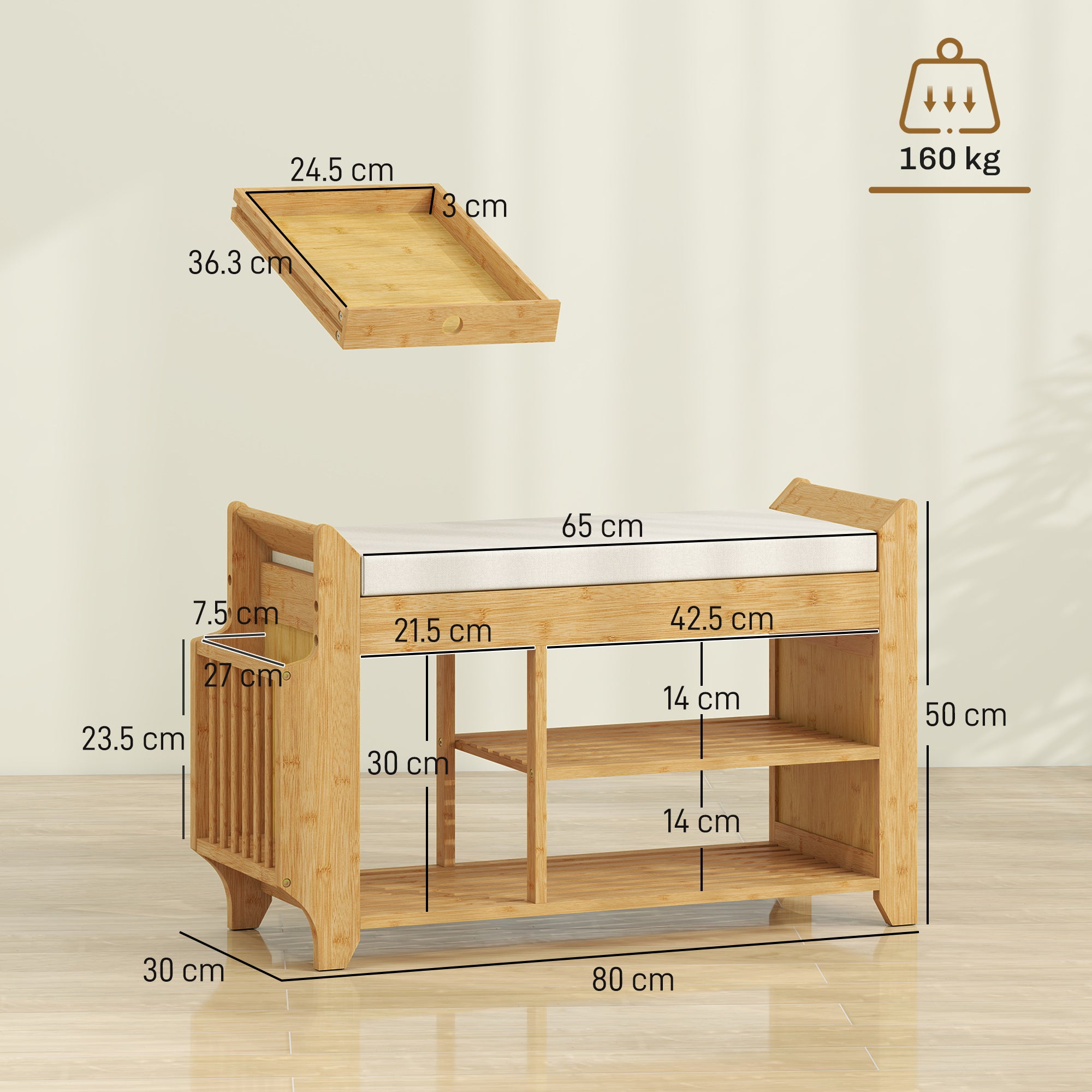 Shoe Bench with Cushioned Seat, Shoe Storage Bench with Side Holder and Boot Section, 2-Tier Natural Bamboo Entryway Rack for Hallway, Living Room, 100 x 30 x 50 cm, Natural and Cream