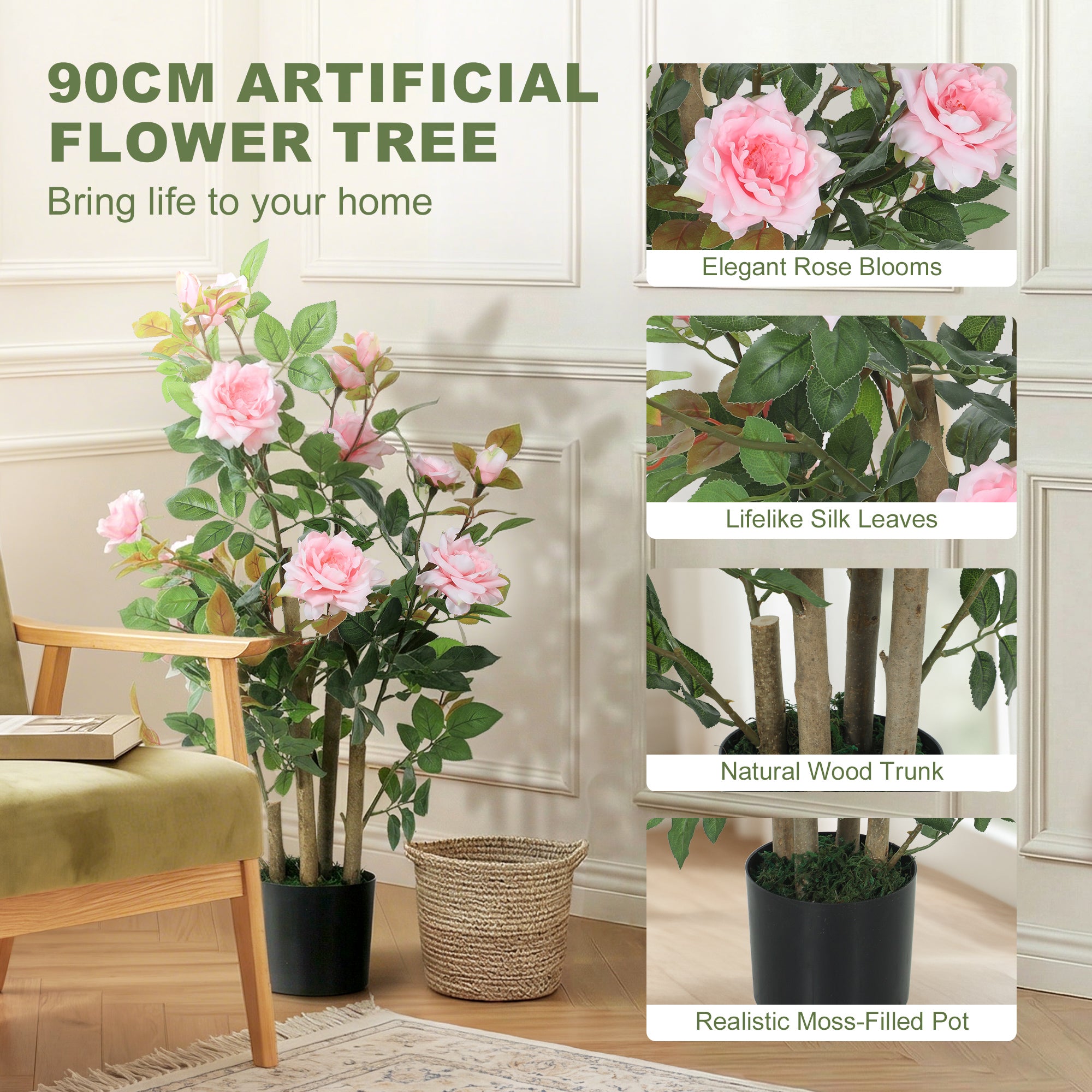90cm Artificial Rose Tree Set of 2, Decorative Fake Plant with 344 Silk Leaves and 17 Flowers, UV-Resistant Faux Tree for Outdoor Indoor Garden Porch Decor, Pink