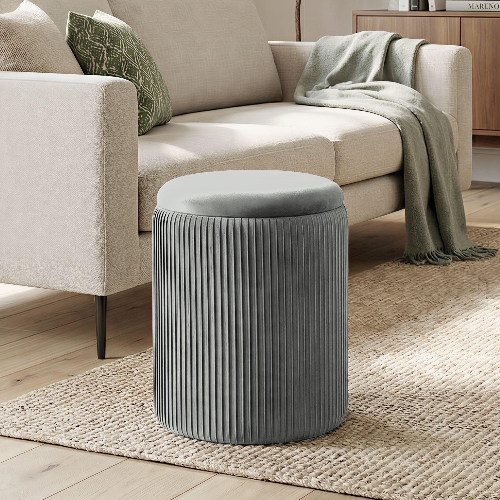 Round Storage Ottoman, Velvet-feel Fabric Upholstered Foot Stool with Removable Top, Padded Seat and Hidden Space for Living Room, Bedroom, Grey