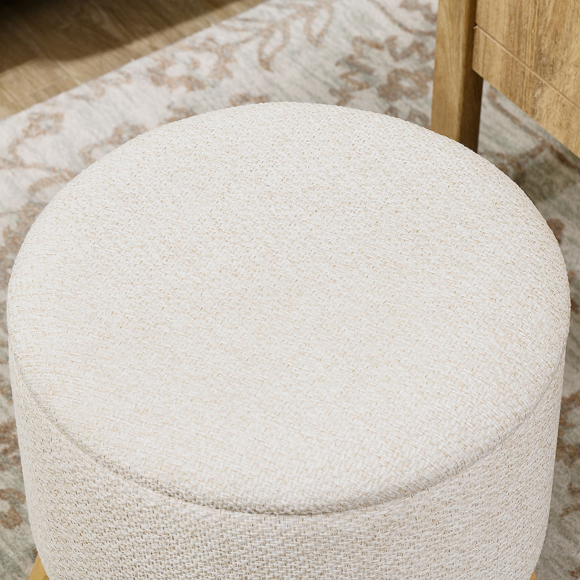 Round Ottoman Stool with Hidden Storage, Linen Fabric Upholstered Foot Stool, White