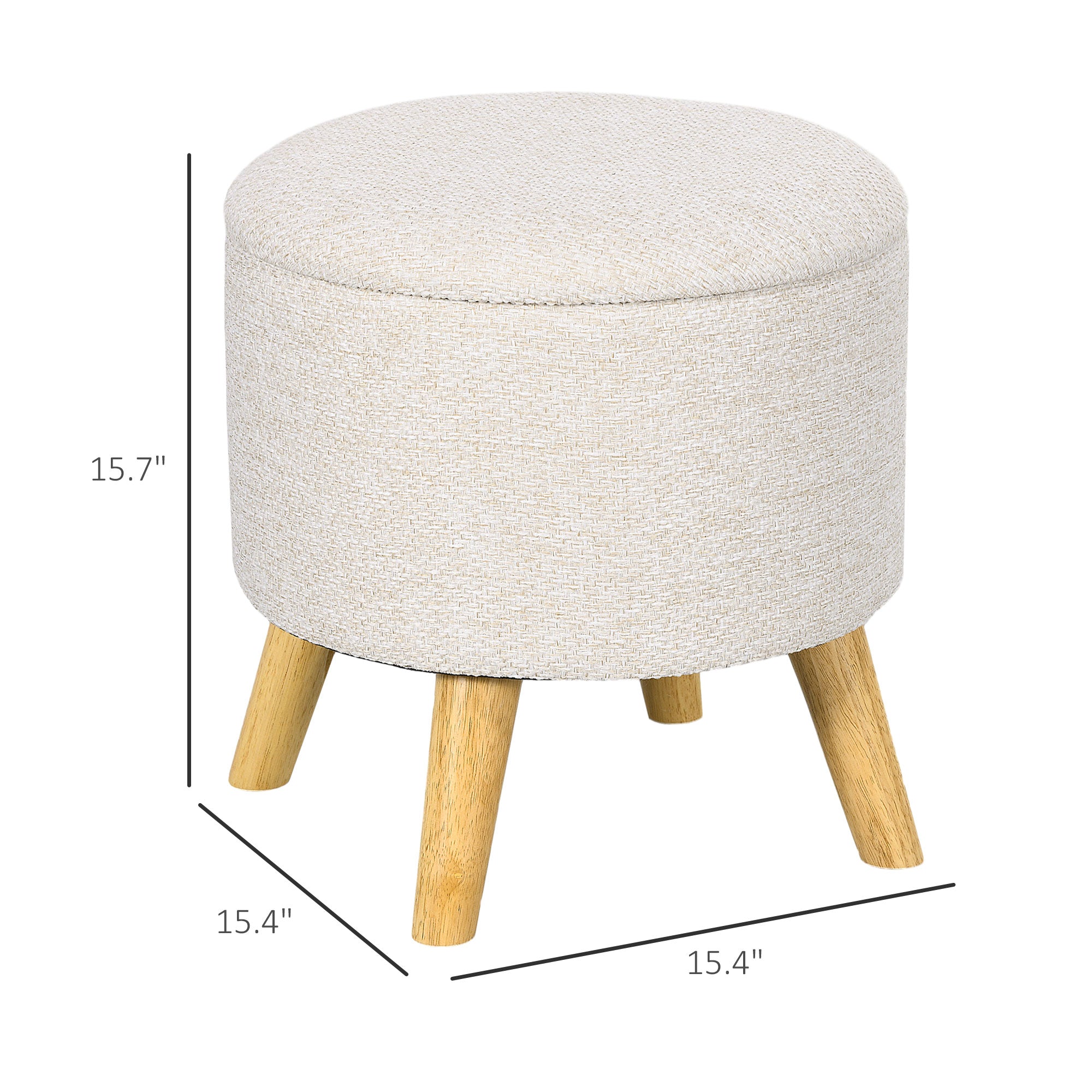 Round Ottoman Stool with Hidden Storage, Linen Fabric Upholstered Foot Stool, White