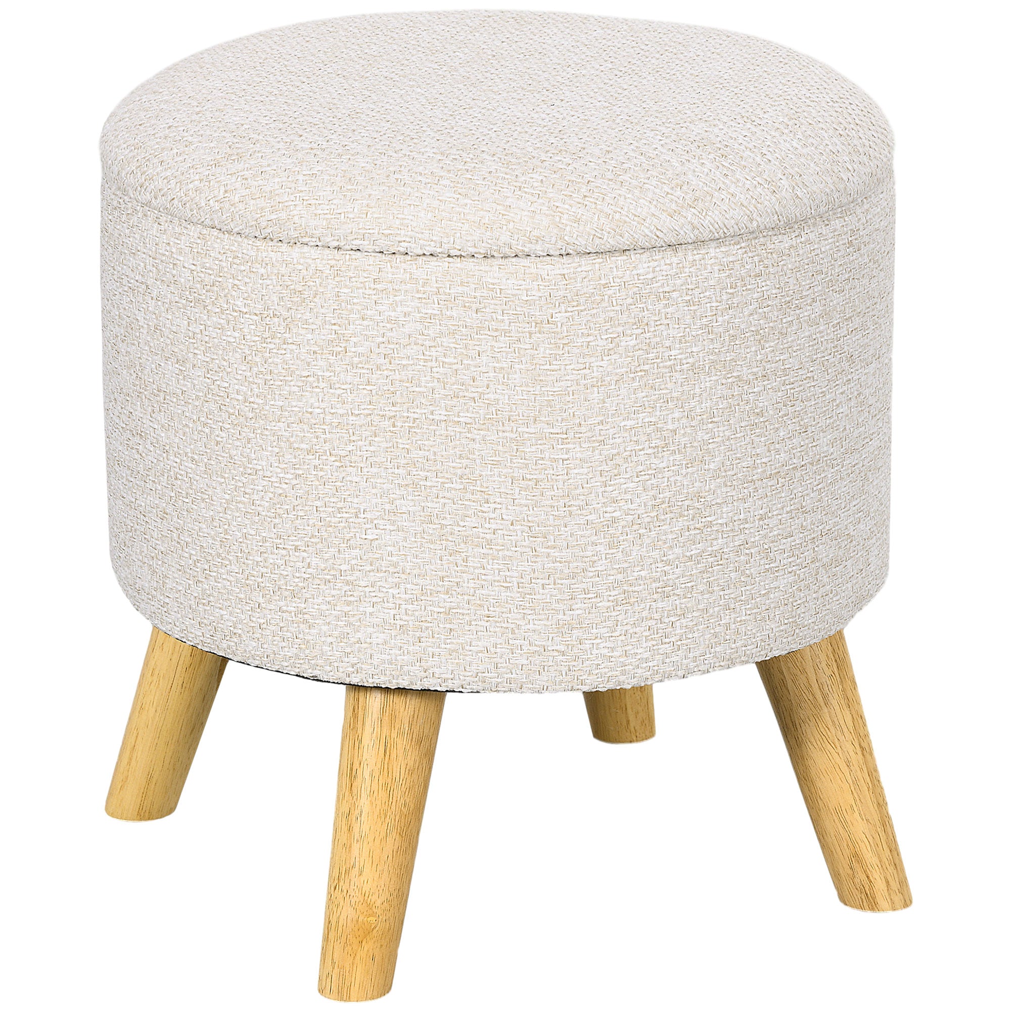 Round Ottoman Stool with Hidden Storage, Linen Fabric Upholstered Foot Stool, White