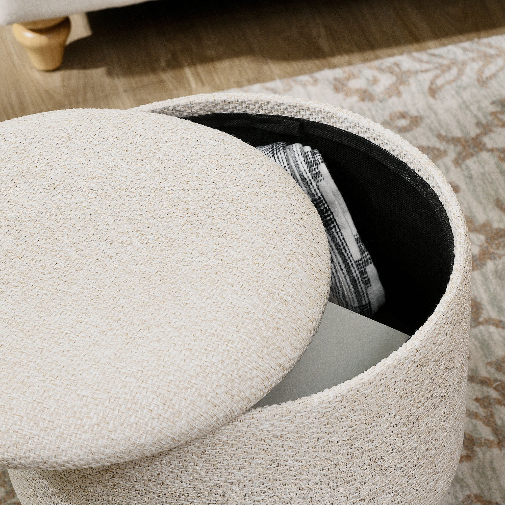Round Ottoman Stool with Hidden Storage, Linen Fabric Upholstered Foot Stool, White