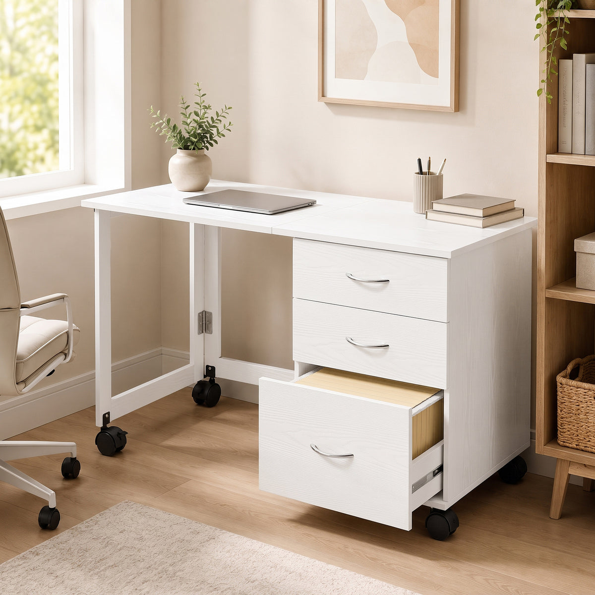 Foldable Computer Desk with 3 Drawers, Mobile Home Office Computer Table with 4 Lockable Wheels, Hanging Bars, Space Saving for Study, Home Office, White Wood Grain
